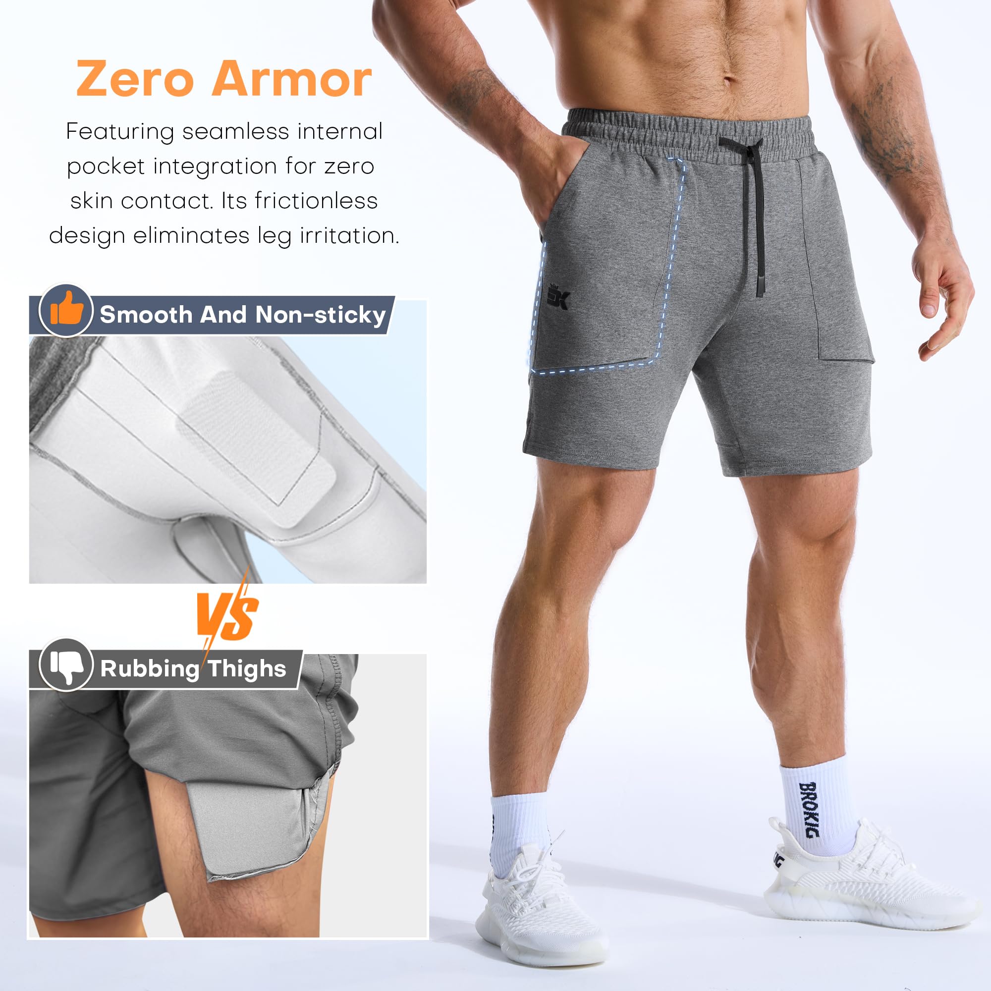 BROKIG Mens Zero Armor Gym Shorts,Cotton Running Workout Slim Fit Athletic Sweat Short for Men with Zip Pocket - 4