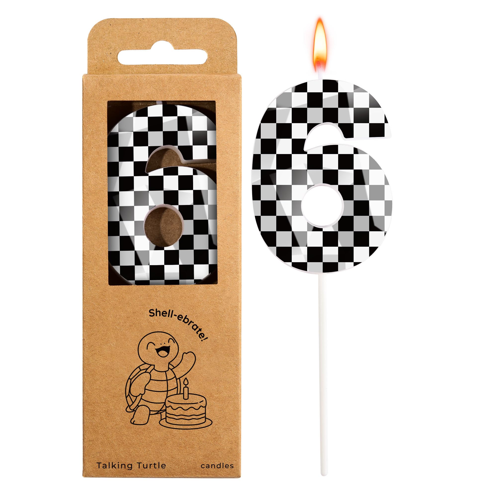 Talking Turtle 2.76 Inch Number 6 Racing Modern Birthday Candles, Black and White Stripes Number Candles, Cake Number Candles, Party Celebration, Style Candle