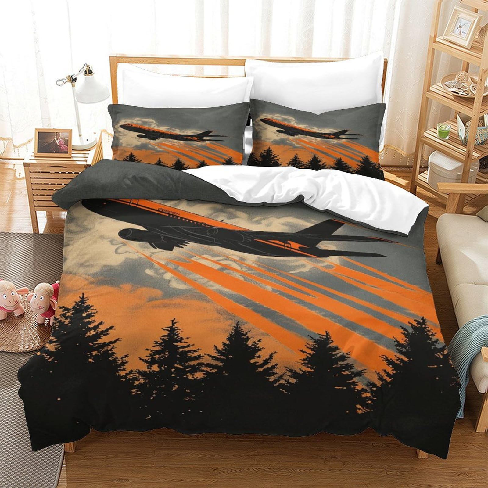 P1s9u7w5y Aircraft-2 Sunset Airplane 3D Printed Duvet Cover Set 3Pcs Microfiber Forest Flight Bedding Set Double（200X200cm）