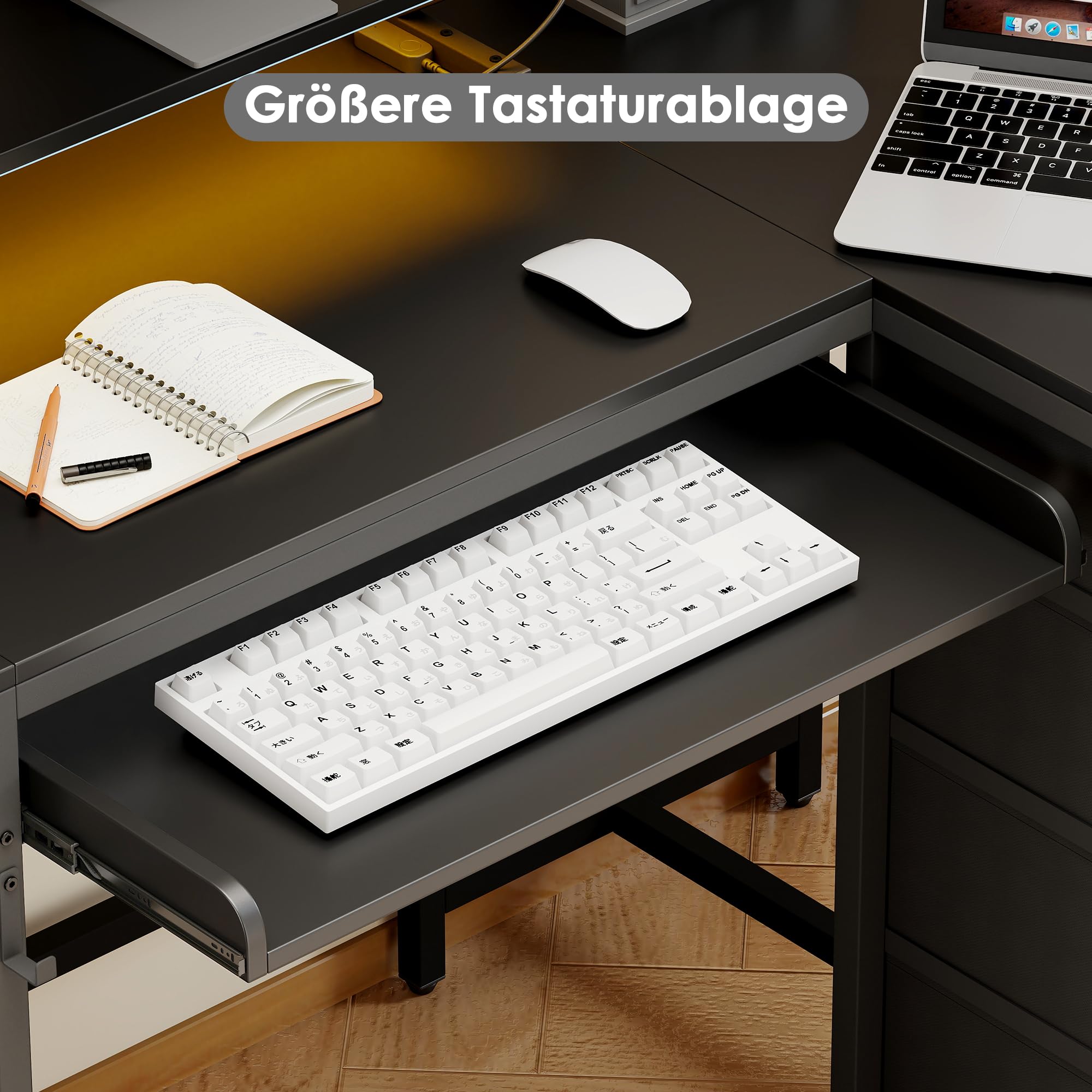 L-Förmiger Schreibtisch 140cm mit Tastaturauszug Gamingtisch mit USB-Ladeanschluss & Steckdose Computertisch mit RGB Beleuchtung & Schubladen für Arbeit, Studium, Freizei, Schwarz