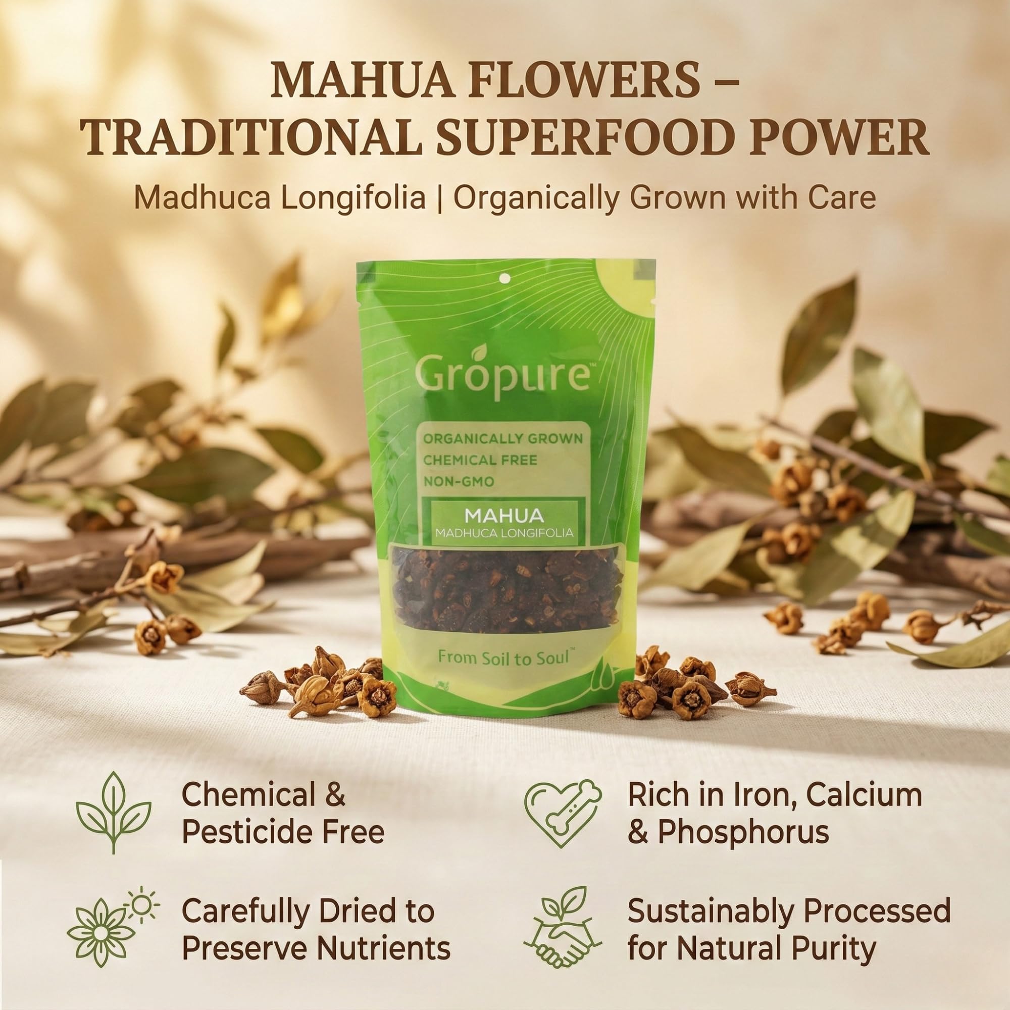GroPure Organic: From Soil to Soul | Dried Mahua Flowers 200g | Premium Mahua Phool (Madhuca Longifolia) for Herbal Drinks, Traditional Recipes & Wellness | Naturally Sweet Sun Dried Flowers | No Preservatives | 3