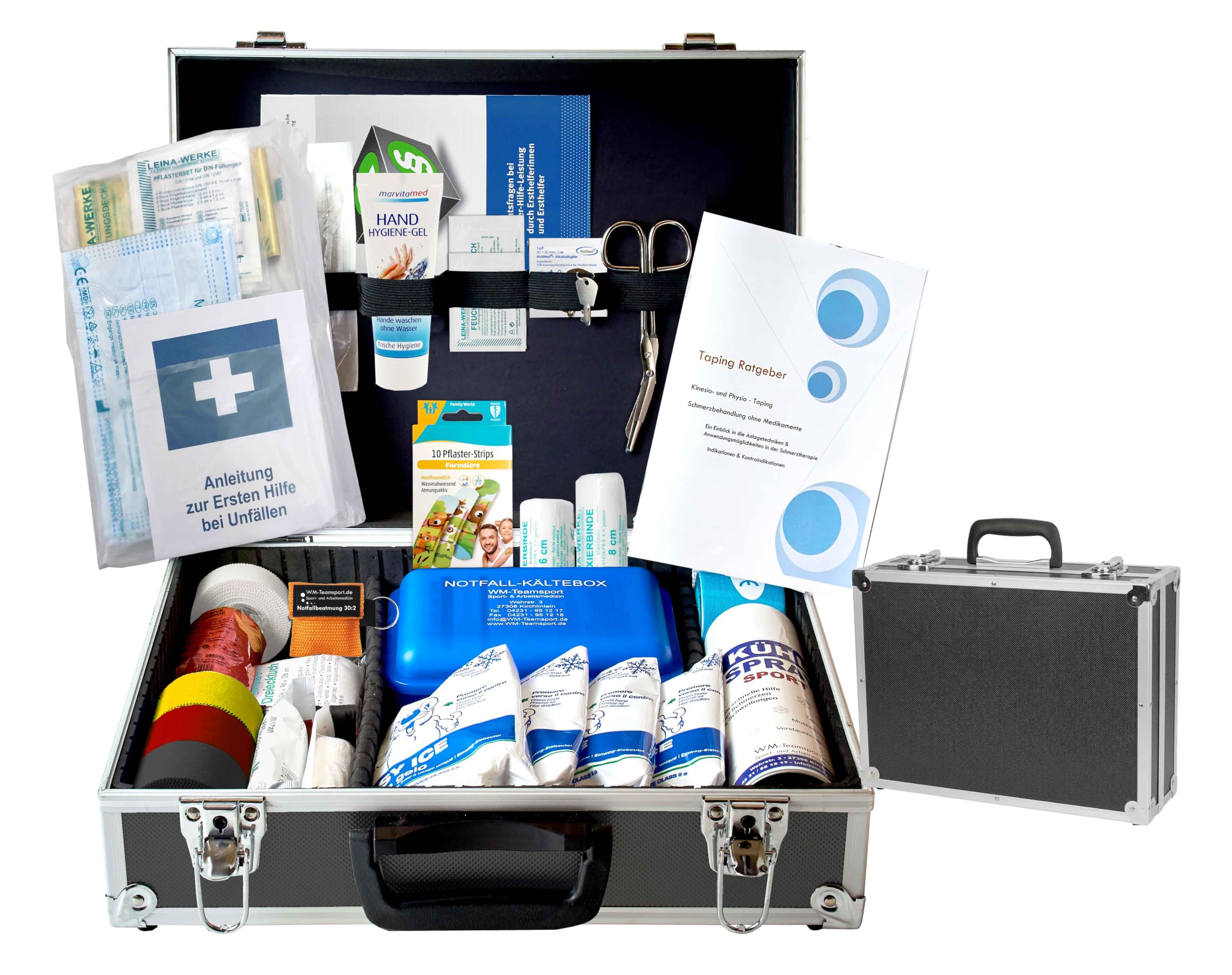 WM-Teamsport Sportbetreuerkoffer "Typ S" für Sportvereine | Verbandmaterial nach DIN 13164 für Sportverletzungen + Sportausstattung - Kühlspray, Kinesio- & Sporttapes Sofortkältepacks