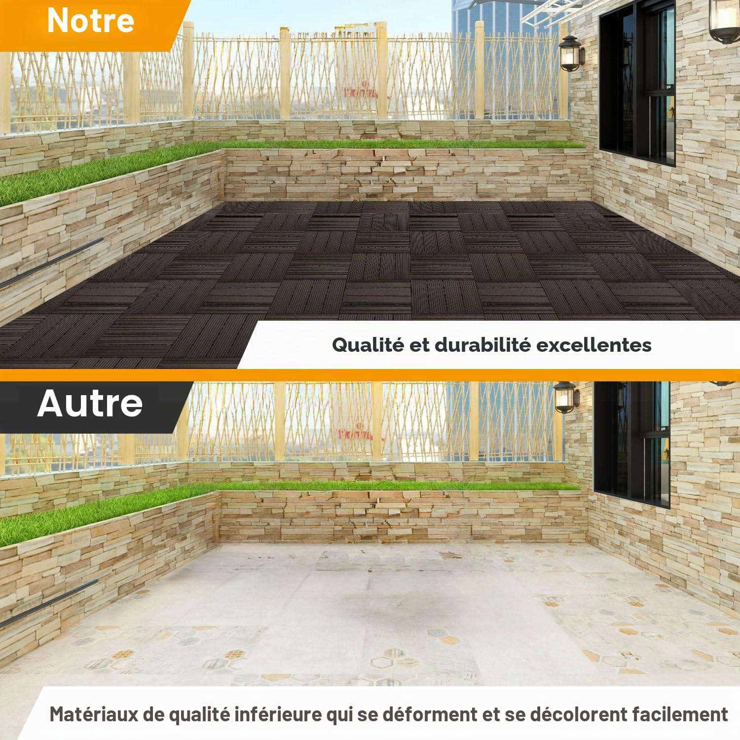 Dalles de terrasse en WPC 30 x 30 cm, couleur Café, 11 pièces (1 m²) avec système d'emboîtement, dalles de balcon résistantes à l'humidité aspect bois