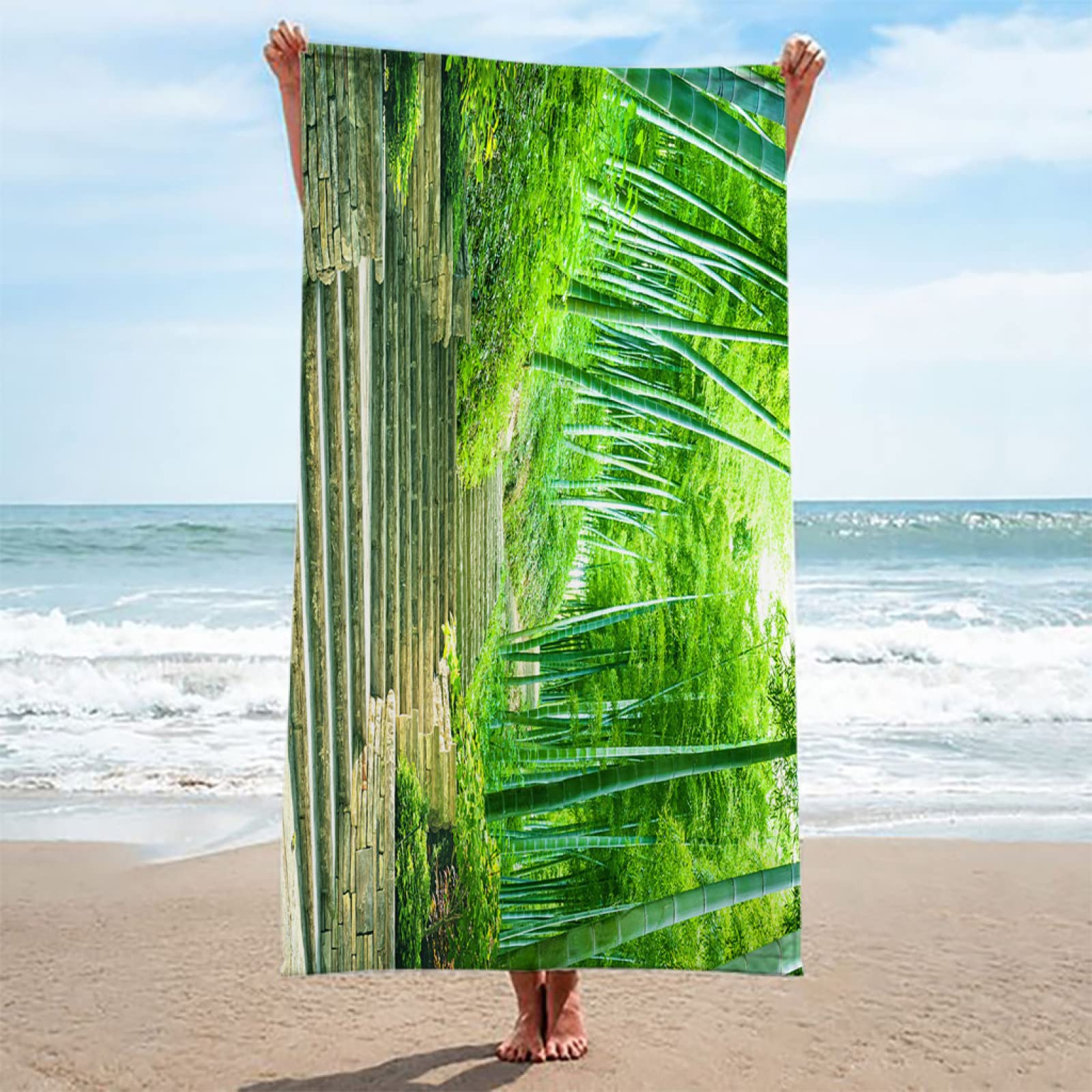 GOKSEL Strandtuch Grün&Bambus Wald Mikrofaser Strandtuch für Erwachsene, Doppelseitiges Sandfreies Schnelltrocknend Leichtes Handtuch für Strand Schwimmen 100 x 200 cm