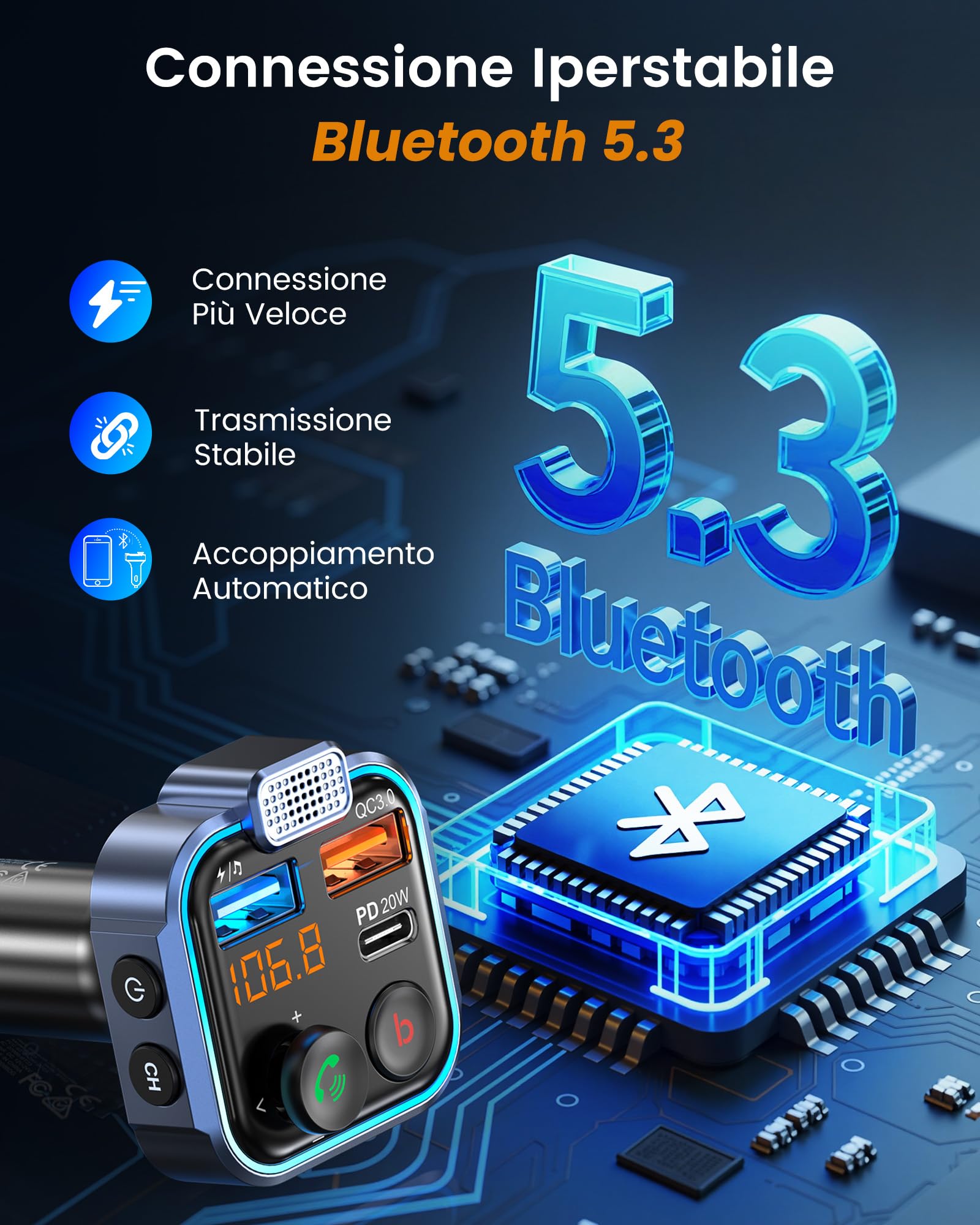 LENCENT Trasmettitore Bluetooth 5.0 per Auto, Musica Bluetooth Auto con Bassi Profondi e Suono Hi-Fi lossless, Ricarica Rapida Tipo-C PD 20W e QC3.0, Supporto Disco U-Luce Blu Sfumata