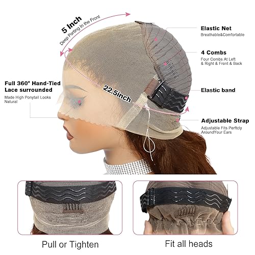 Miniatura 5 de Beluck Peluca de cabello humano con encaje frontal 360 con cordón oculto, densidad 180, color marrón chocolate, peluca frontal ondulada de cabello