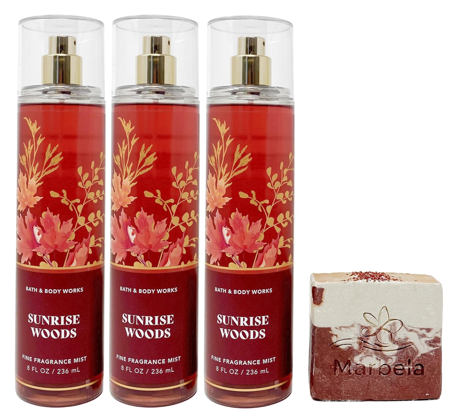 Bath & Body Works Sunrise Woods - Pack of 3- Fine Fragrance Mist With a Cherry On Top Bar Soap.