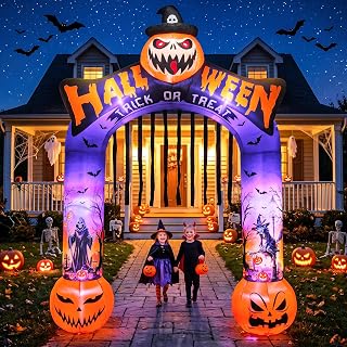10 FT Halloween Inflatable Archway, Built-in LED Lights, Blow Up Outdoor Yard Decoration with Grim Reaper Witch Bat Patterns for Front Lawn Garden Party Décor Outdoor Holiday Party