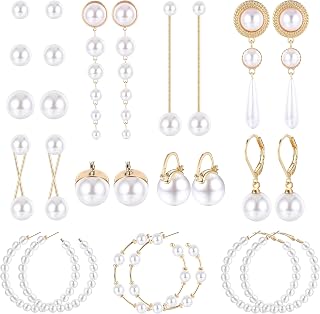 13 Pairs Pearl Earrings for Women Lightweight Pearl Hoop Earrings Studs Circle Drop Pearl Earrings Dangle Simulated Long Gold Pearl Earring Set