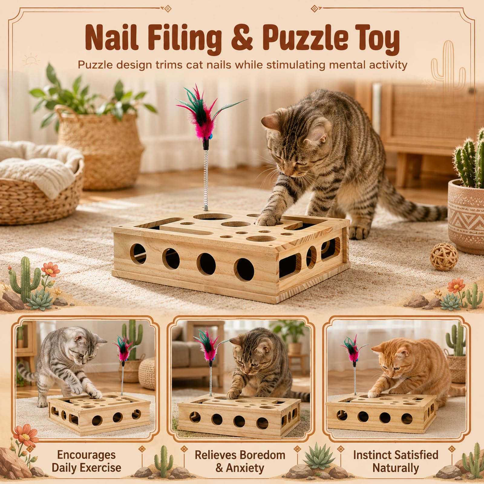 Katzen Kratzpuzzle 2-in-1 Nagelfeilen Box mit Sandpapier, Interaktives Katzenspielzeug Holz für Stressfreie Krallenpflege & Möbelschutz, Kratzbrett Ersatz für Wohnungskatzen, Natur