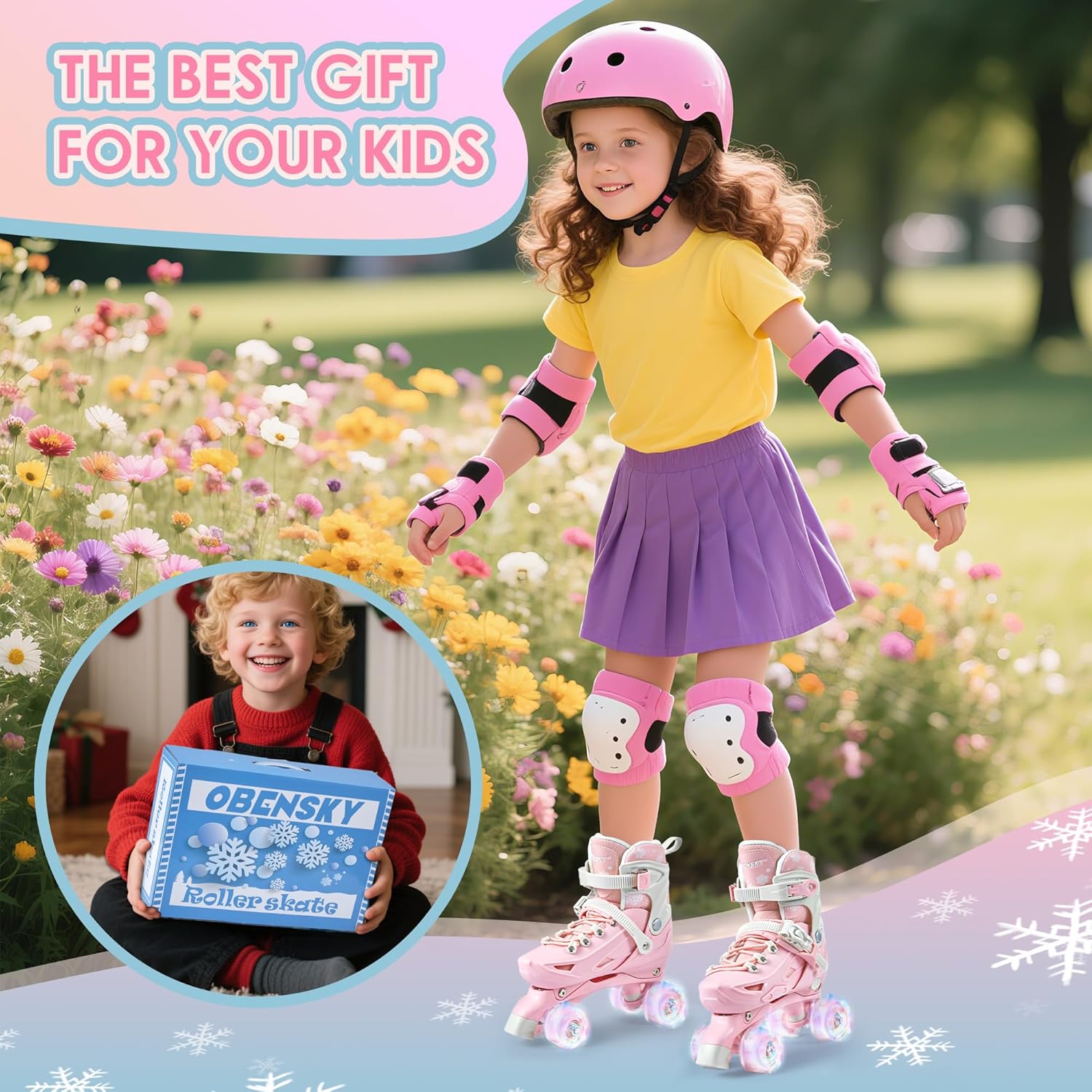 Kids Roller Skates for Girls Boys Ages 4-6 5-8 6-12 8-12, 4 Adjustable Sizes Skates Shoes with All Light up Wheels, Patines para Niñas, Birthday Gift for Indoor Outdoor, Pink & Blue