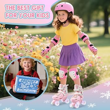 Kids Roller Skates for Girls Boys Ages 4-6 5-8 6-12 8-12, 4 Adjustable Sizes Skates Shoes with All Light up Wheels, Patines para Ninas, Birthday Gift for Indoor Outdoor, Pink & Blue