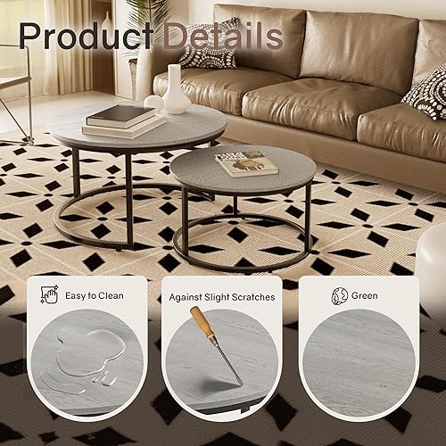 Miniatura 3 de Juego de 2 mesas anidadas, mesa de café redonda de 31.5", pequeña mesa de café anidada con base antideslizante ajustable, mesas anidadas con tapa de