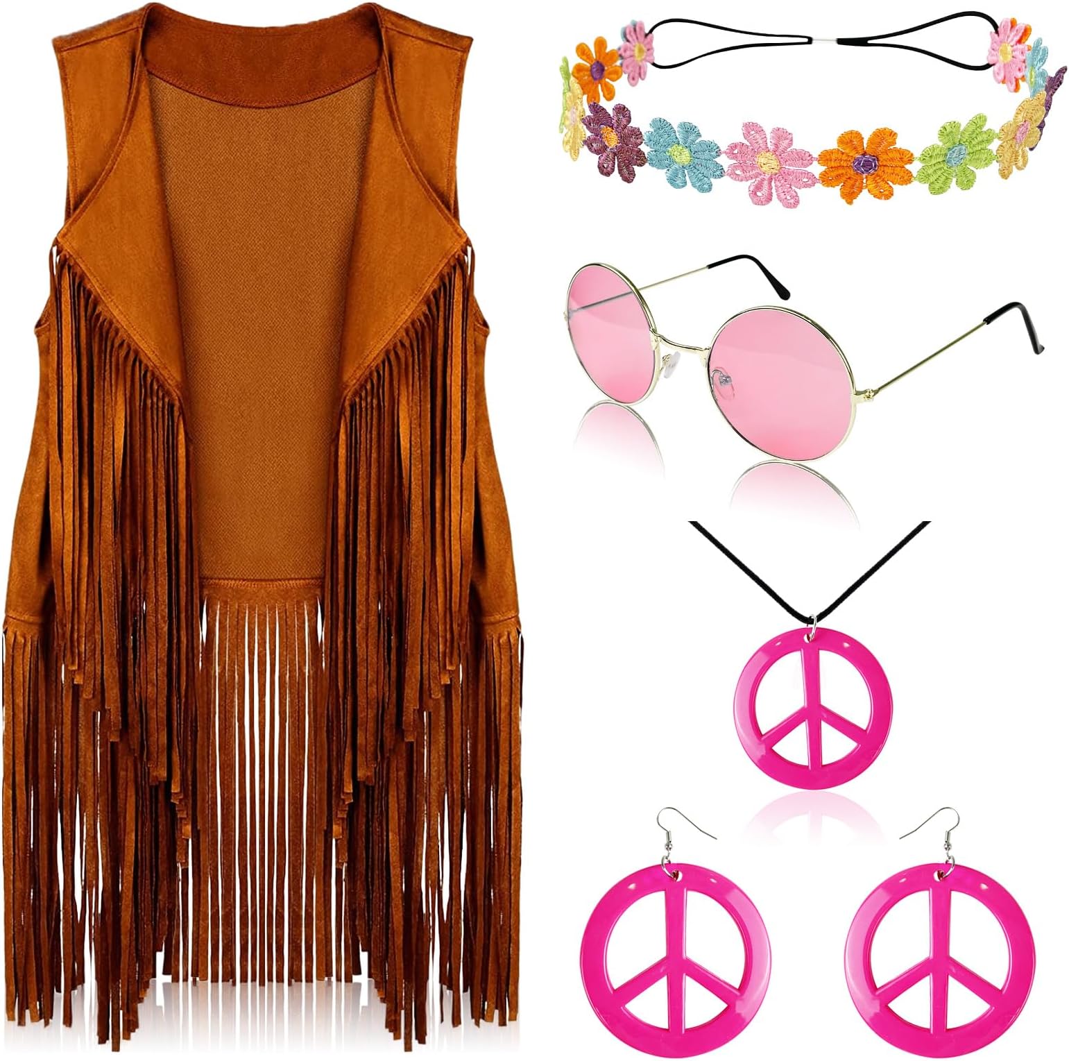 60s 70s Outfits for Women Disco Hippie Costume Clothes Woman Peace Sign Earring Headband Fringe Vest Tassel Cardigan
