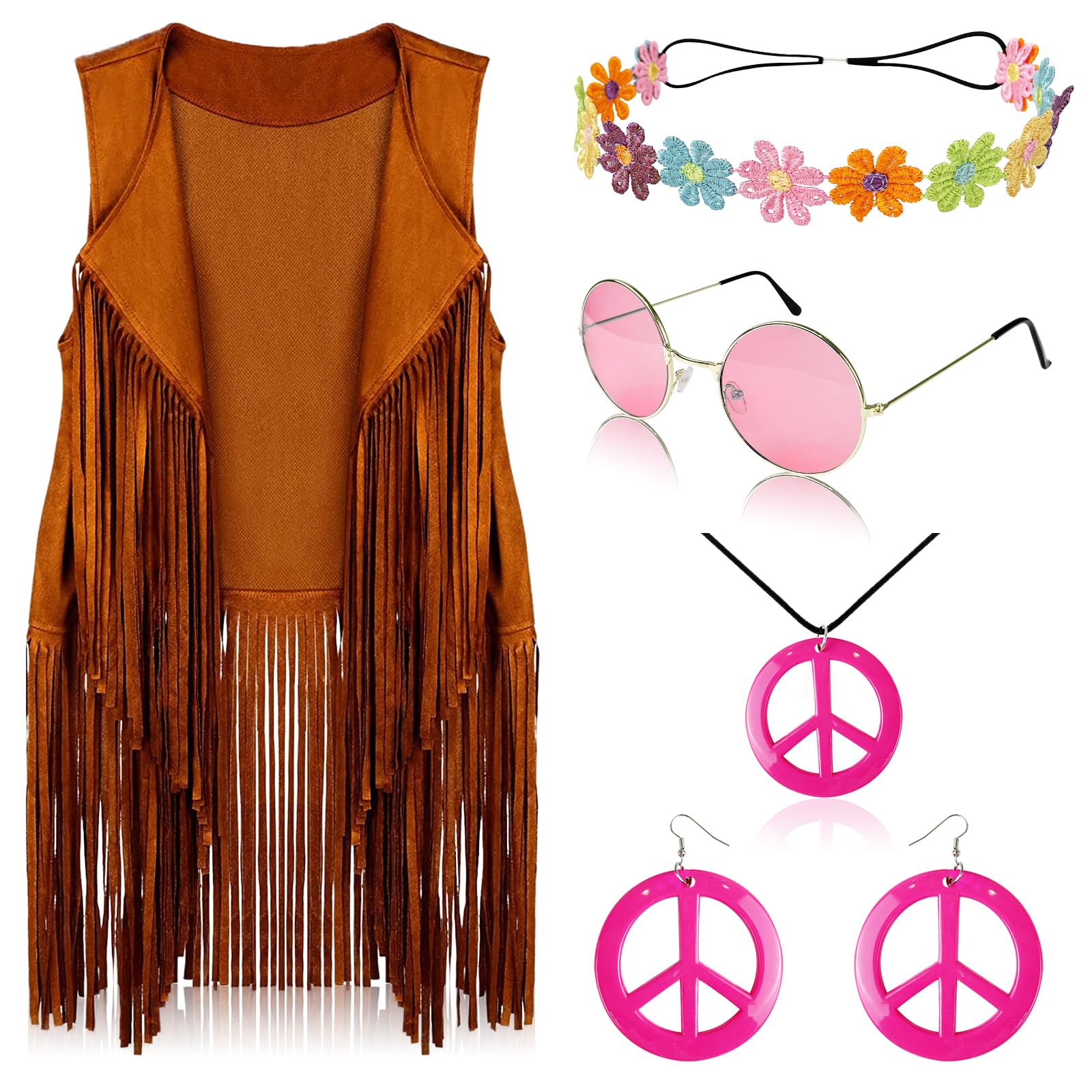 FunMular60s 70s Outfits for Women Disco Hippie Costume Clothes Woman Peace Sign Earring Headband Fringe Vest Tassel Cardigan