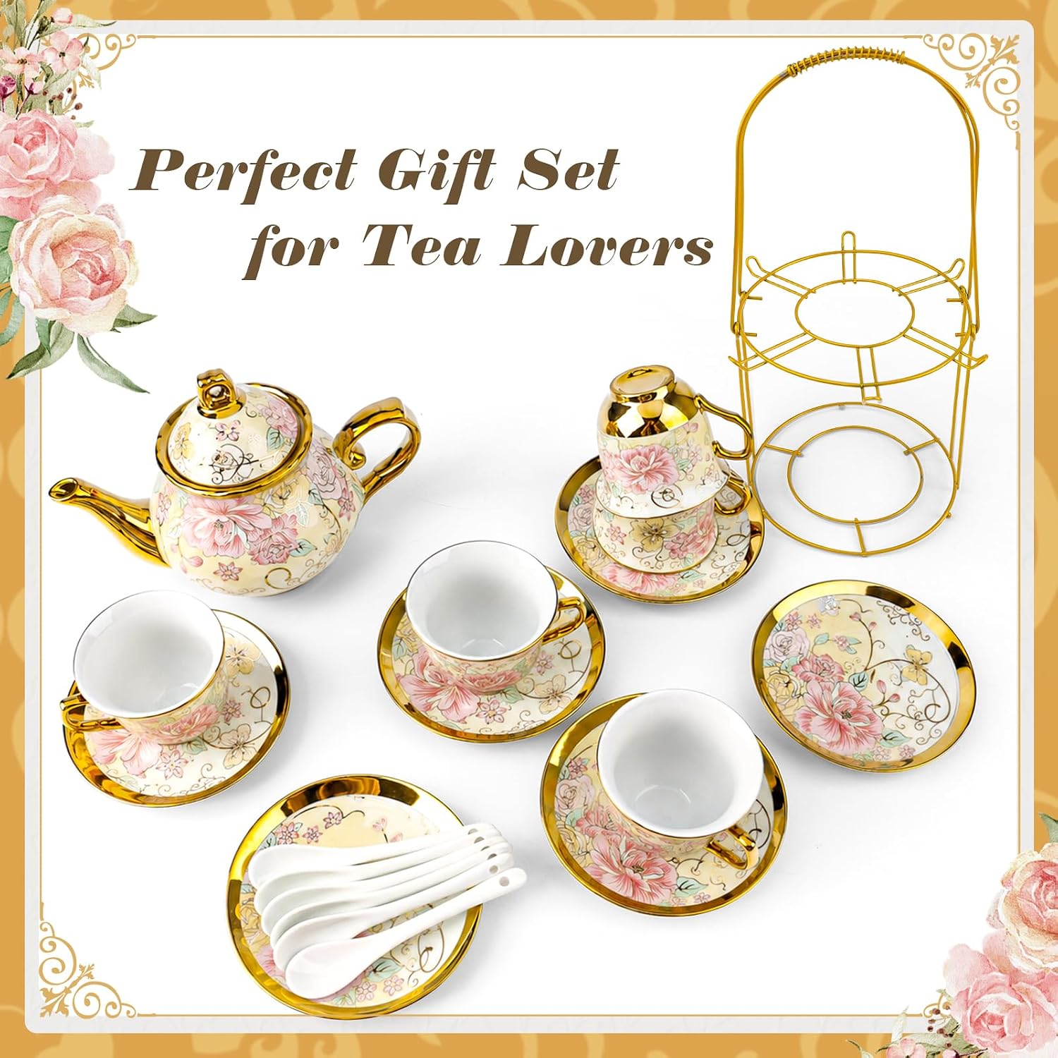 20Pcs Porcelain Tea Set with Metal Stand,European Vintage Tea Set for Adult