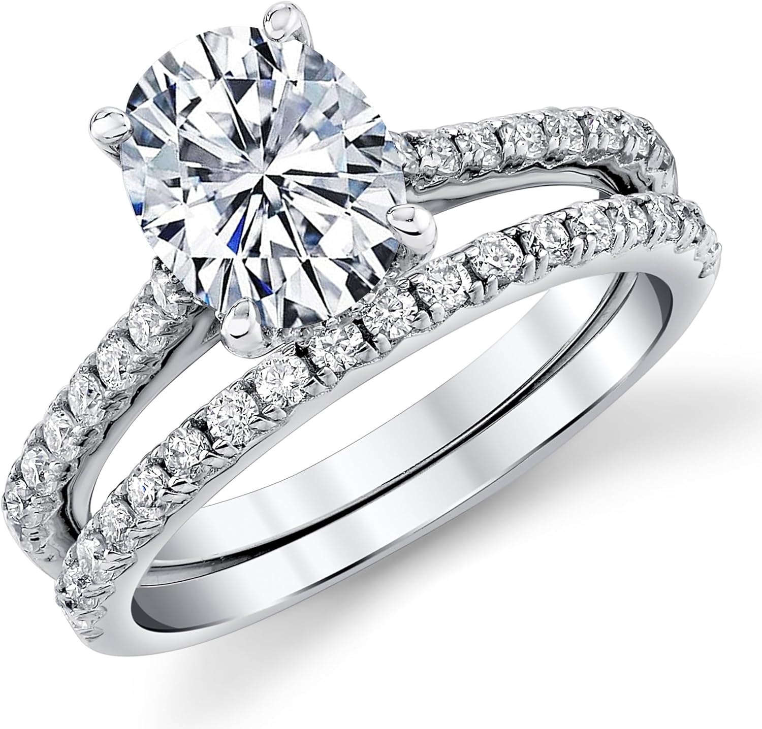 Metal Masters 2.5Ct Oval Moissanite Under Halo Wedding Ring Band Bridal Set 18K White Gold over Silver