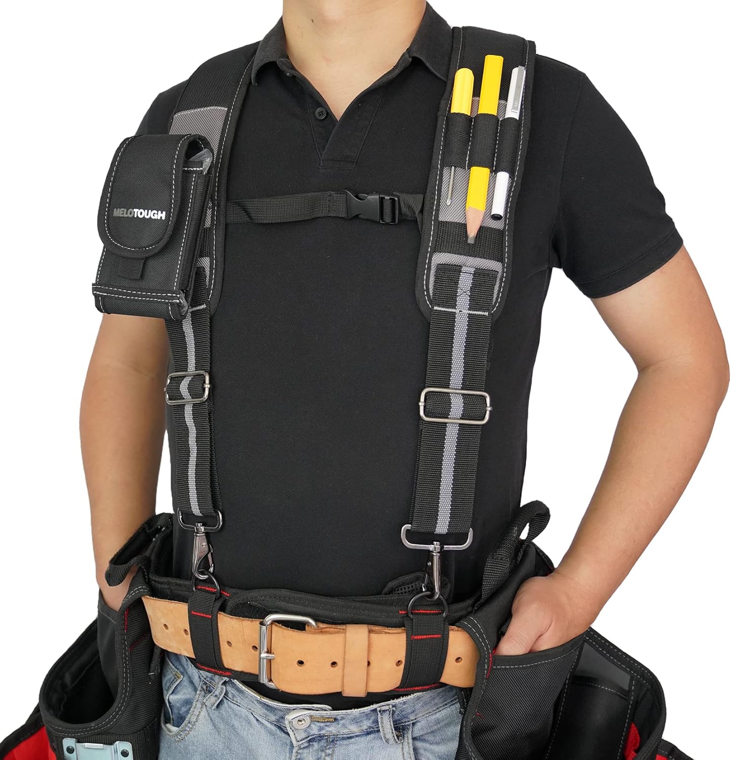 MELOTOUGH Tool Belt Suspenders Construction Work Suspenders for Men Detachable Phone Holder Comfortable Foam Shoulder Padder (Grey),Christmas Gifts for Men - Image 2