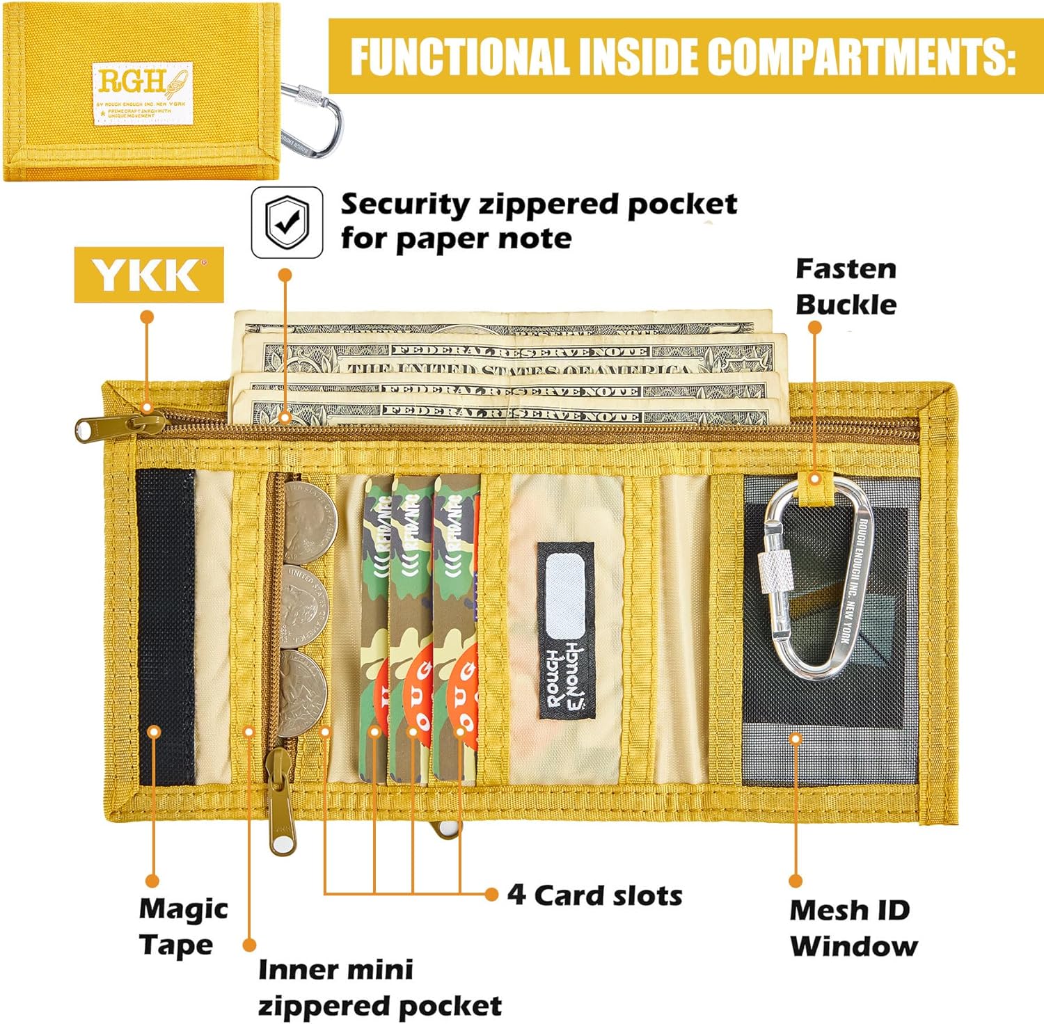 Rough Enough Boys Wallet for Kids Preppy Teens Adults with Neck Lanyard Keychain Canvas Wallet Vintage Yellow - Image 4