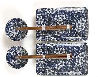 JapanBargain 4687, Japanese Sushi Set Porcelain Sushi Plates Soy Sauce Dipping Bowls and Chopsticks Gift Set, Navy Blue Sakura, Made in Japan