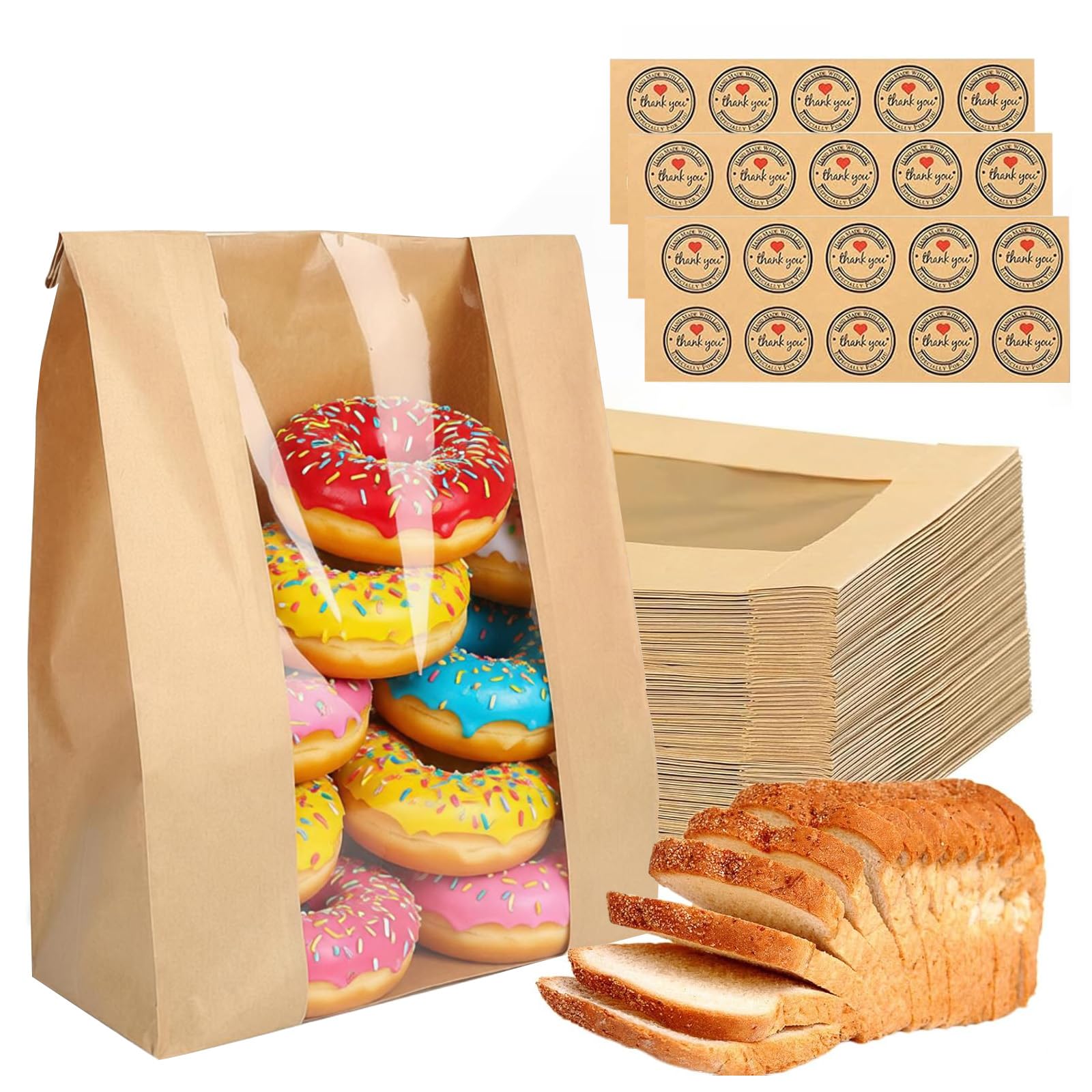 Jiumo Brown 50 Pack Paper Bread Bags For Homemade Bread,Sourdough Bread Bakery Bag With Window,Large Bakery Bags With Stickers Sandwichbags For Storage Cookies & Snacks