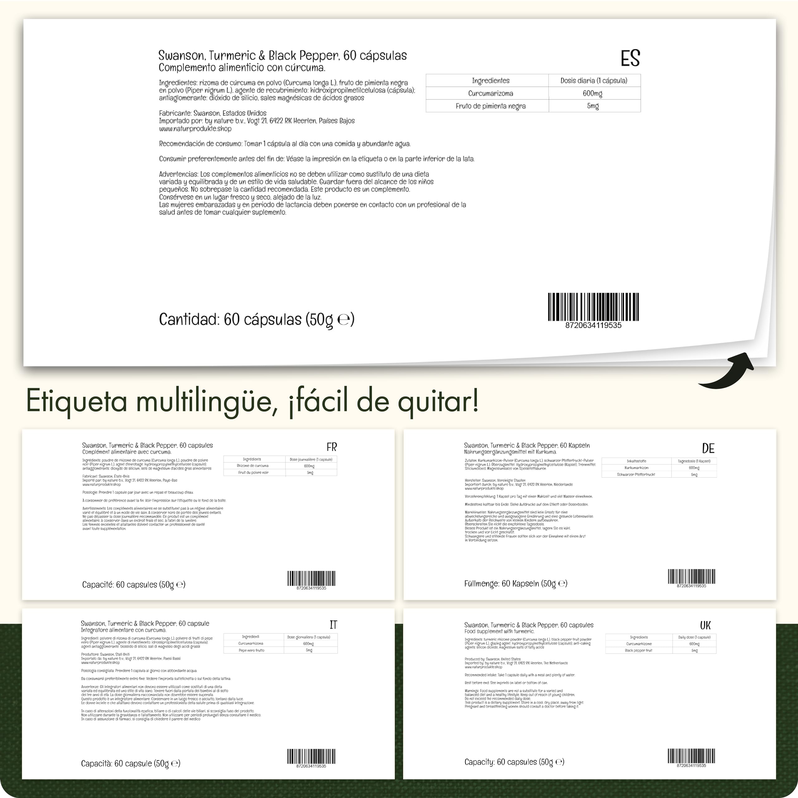 Swanson, Turmeric & Black Pepper (Cúrcuma y Pimienta Negra), 600mg, 60 Cápsulas vegetales, Testado en Laboratorio, Sin Soja, Vegetariano, Sin Gluten, No GMO