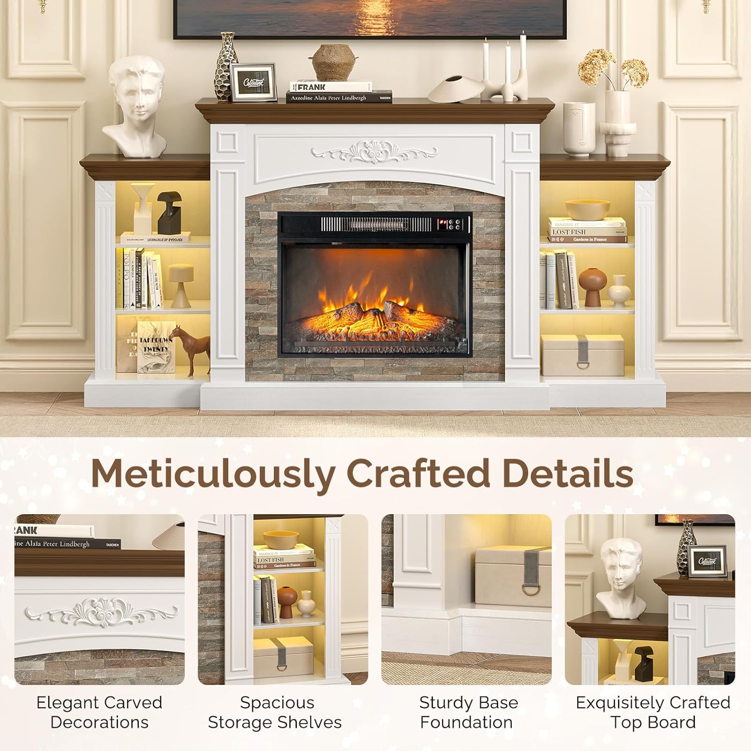 Close-up images showing detailed features of the TV stand including carved decorations, spacious shelves, a sturdy base, and a crafted top board.