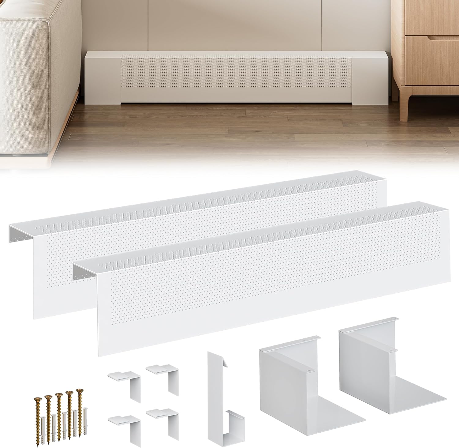 Baseboard Heater Cover, 3FT to 6FT Retractable Galvanized Steel Baseboard Heater Cover with Left and Right Endcaps, for Bathroom and Hydronic Home Heating, Replacing Old and Rusty Looking Electric