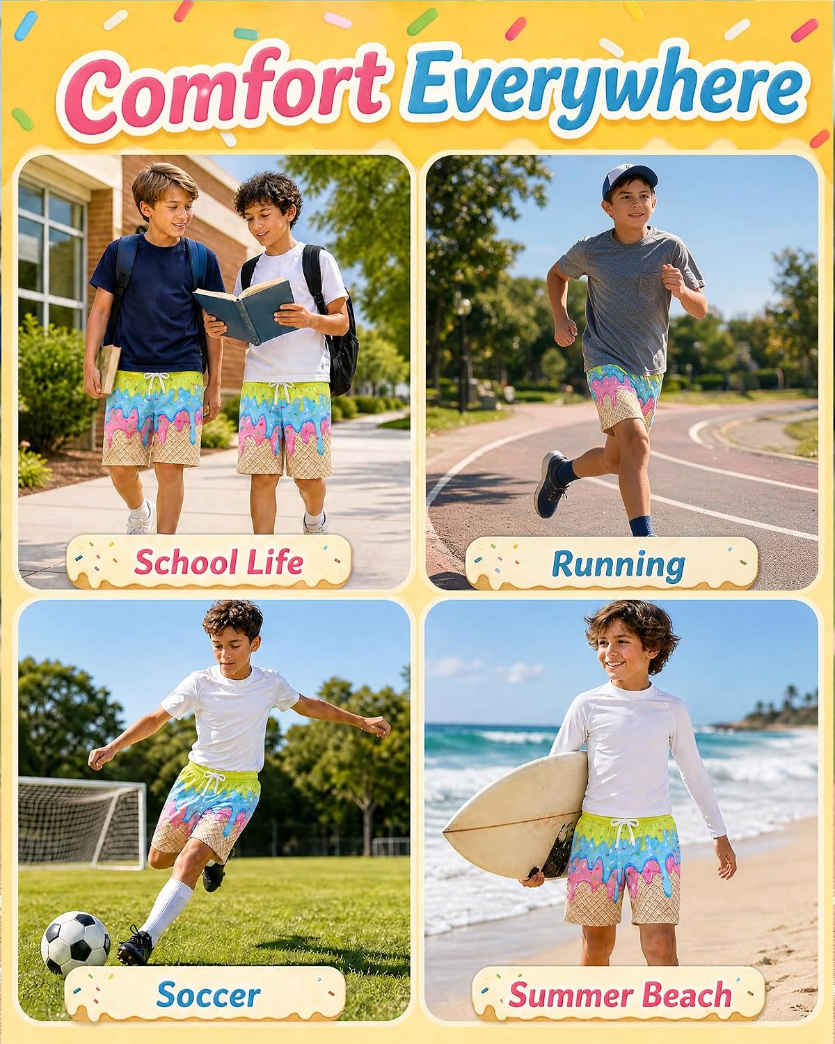 Ice Cream Shorts Boys Baseball Athletic Shorts Kids Mesh Quick Dry Shorts for Boys Outdoor Running Gym Size 7-12