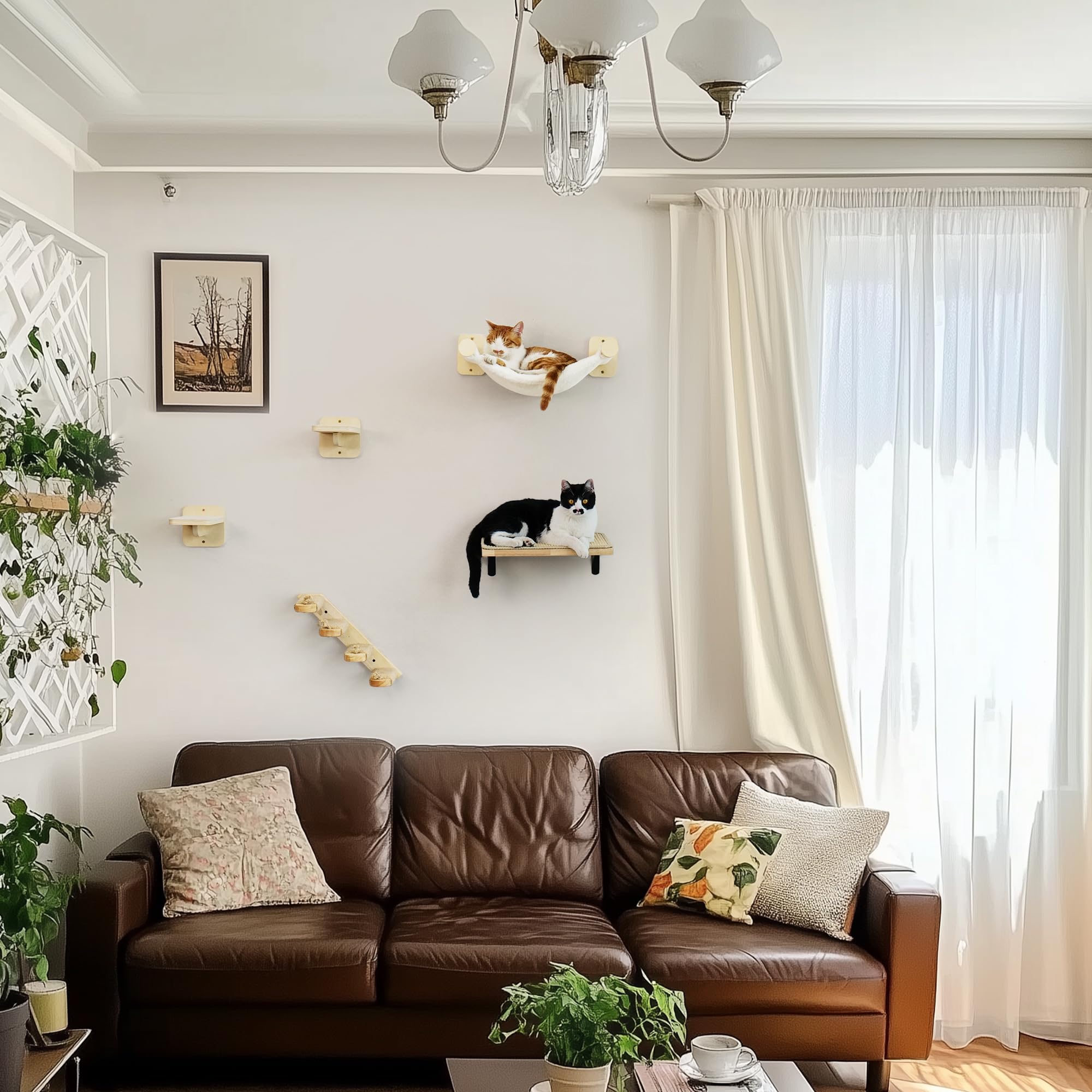 FUKUMARU Kletterwand Katzen, Katzenmöbel mit 2 Katzentreppe Wand,Katzenbaum Hängematte aus Birke mehrschichtige Platte, Katzenwandmöbel für Schlaf, Klettern und Spielen, beige