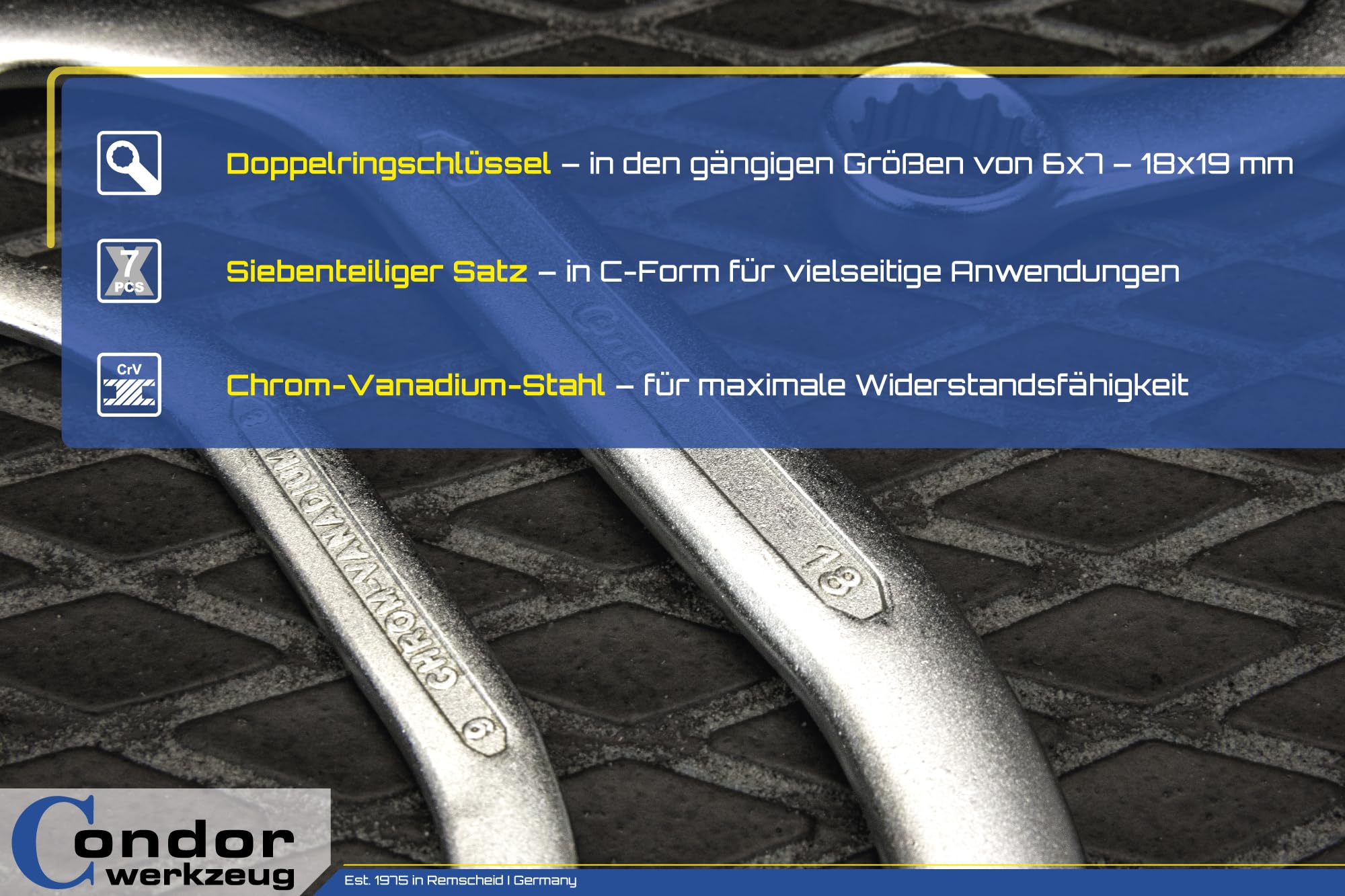 CONDOR Werkzeug 4404 | Starter- und Blockschlüssel-Satz | 7-tlg. | 6x7-18x19 mm | Chrom-Vanadium-Stahl | Doppelringschlüssel-Satz C-Form Ringschlüssel-Set für Werkstatt und Heimwerker