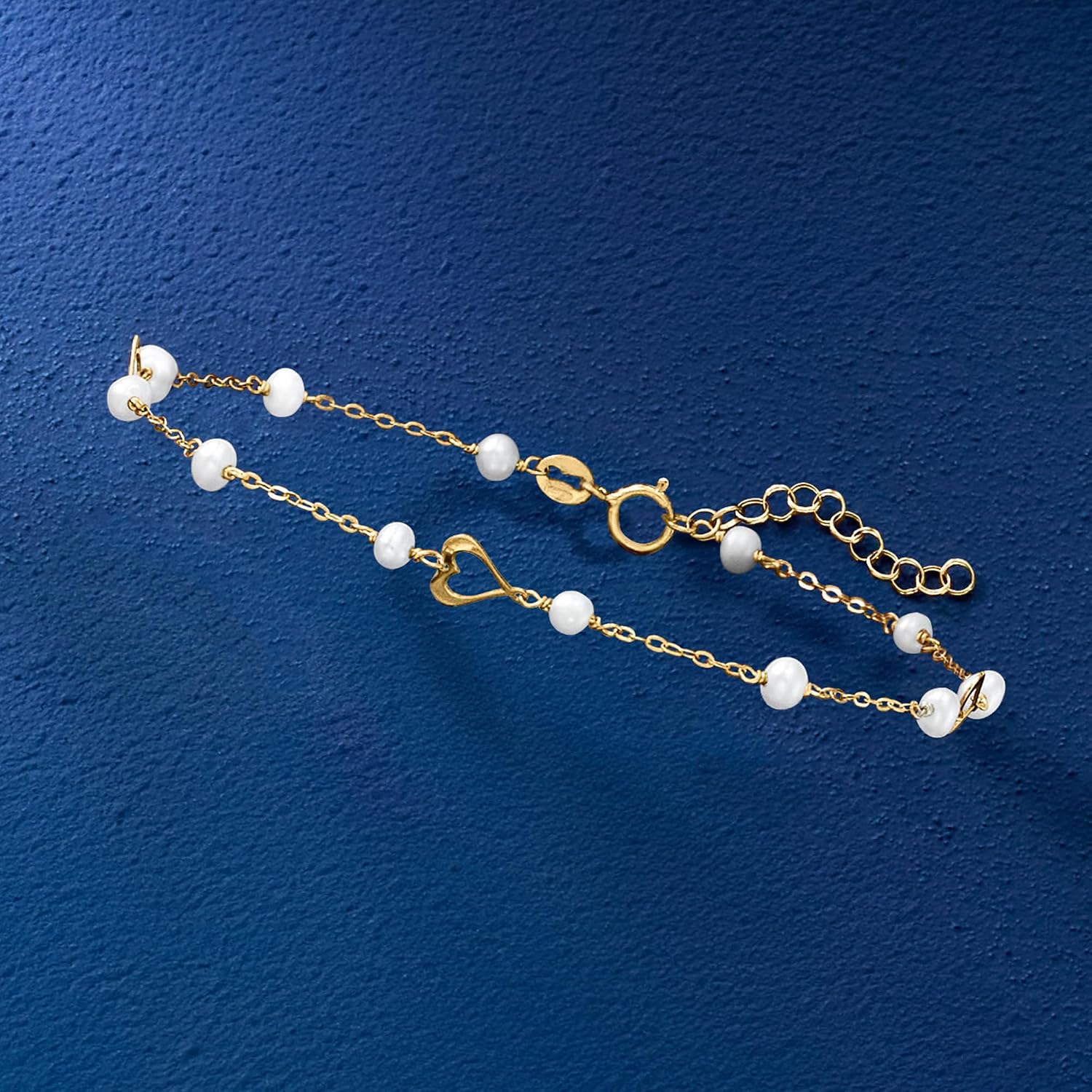 Ross-Simons Italian 3-3.5mm Cultured Pearl and Heart Station Bracelet in 10kt Yellow Gold. 7 inches