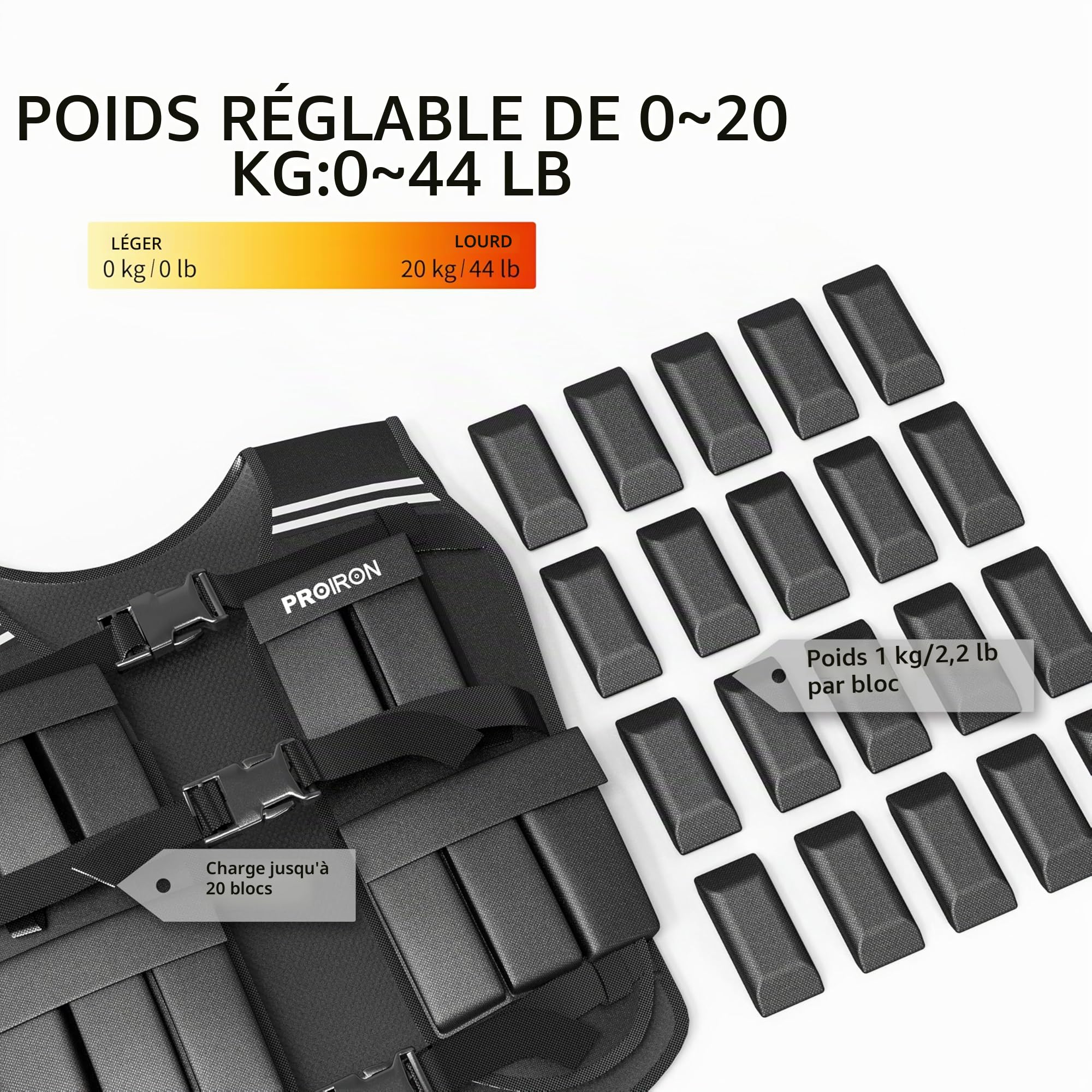 PROIRON Gilet Lesté Réglable 10kg/20kg, 20 Packs de Poids, Veste de Poids Homme Femme avec Bande Réfléchissante pour Course à Pied Musculation Entraînement Force Endurance Exercice Cardio, Noir