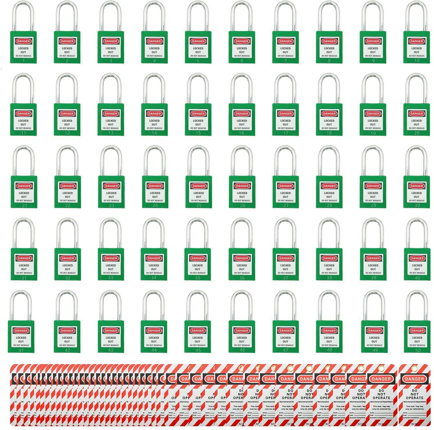 SAFBY 50 cerraduras de bloqueo diferentes con llave con 50 etiquetas de bloqueo – Candados Loto Safe para bloquear estaciones y dispositivos (1-50 verde)