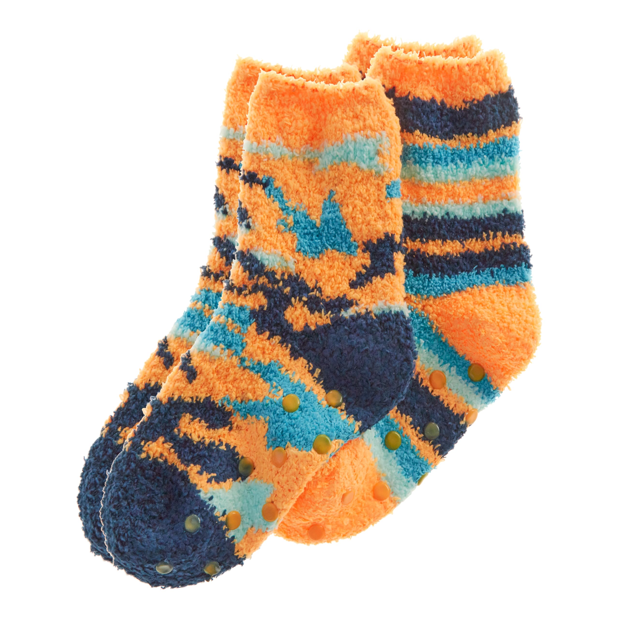 WS-AW23 Boys 2 Pairs Fluffy Snuggle Socks Cosy Bed Socks Non Slip Camo Striped Designs Orange 6-8.5