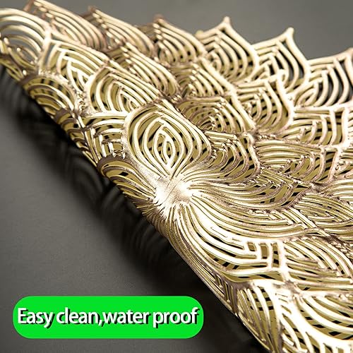 Miniatura 5 de Crisjanggo Juego de 6 manteles individuales para mesa redonda, con líneas doradas, de 15 pulgadas, antideslizantes, impermeables, huecos, para