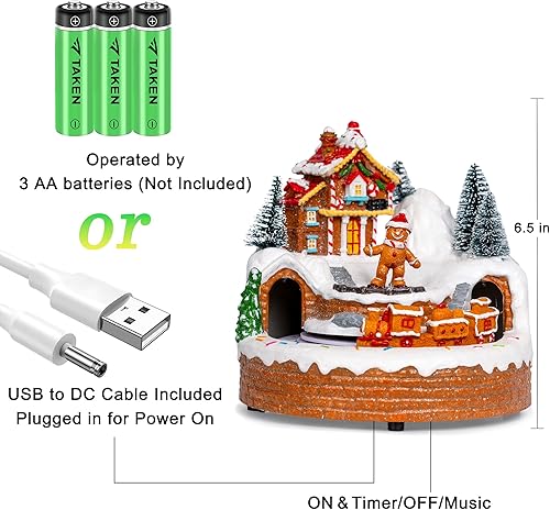 Miniatura 2 de Figuras animadas musicales de pueblo navideño, edificio de casa de jengibre y hombre de jengibre con tren, luces LED y música, funciona con batería