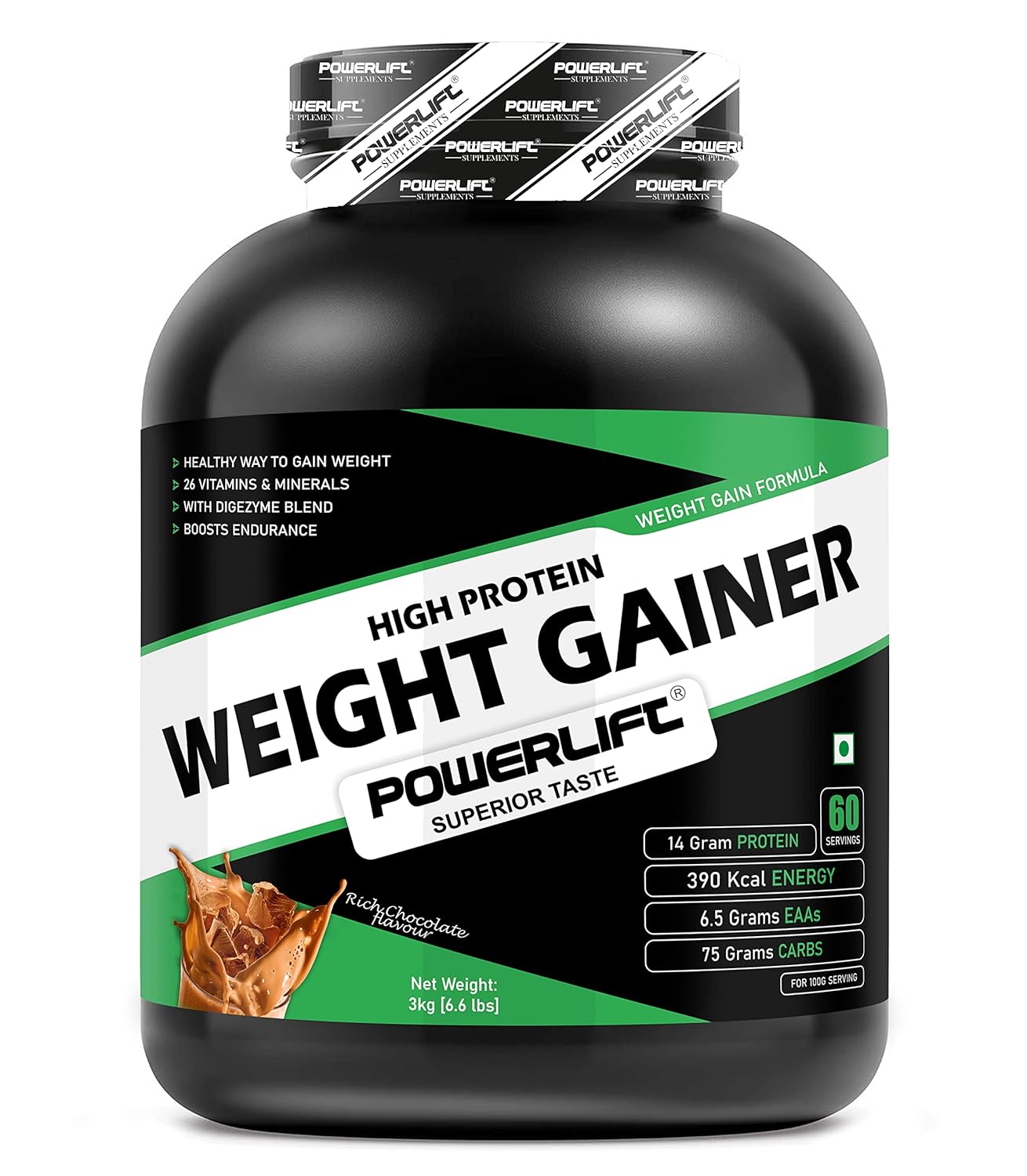 PowerLift Weight Gainer Protein Powder (3kg Chocolate) 390K Energy, 75G Carbs| High Protein & High Calorie Protein Powder for weight gain men and women use | Raw Whey from USA | With Digezyme