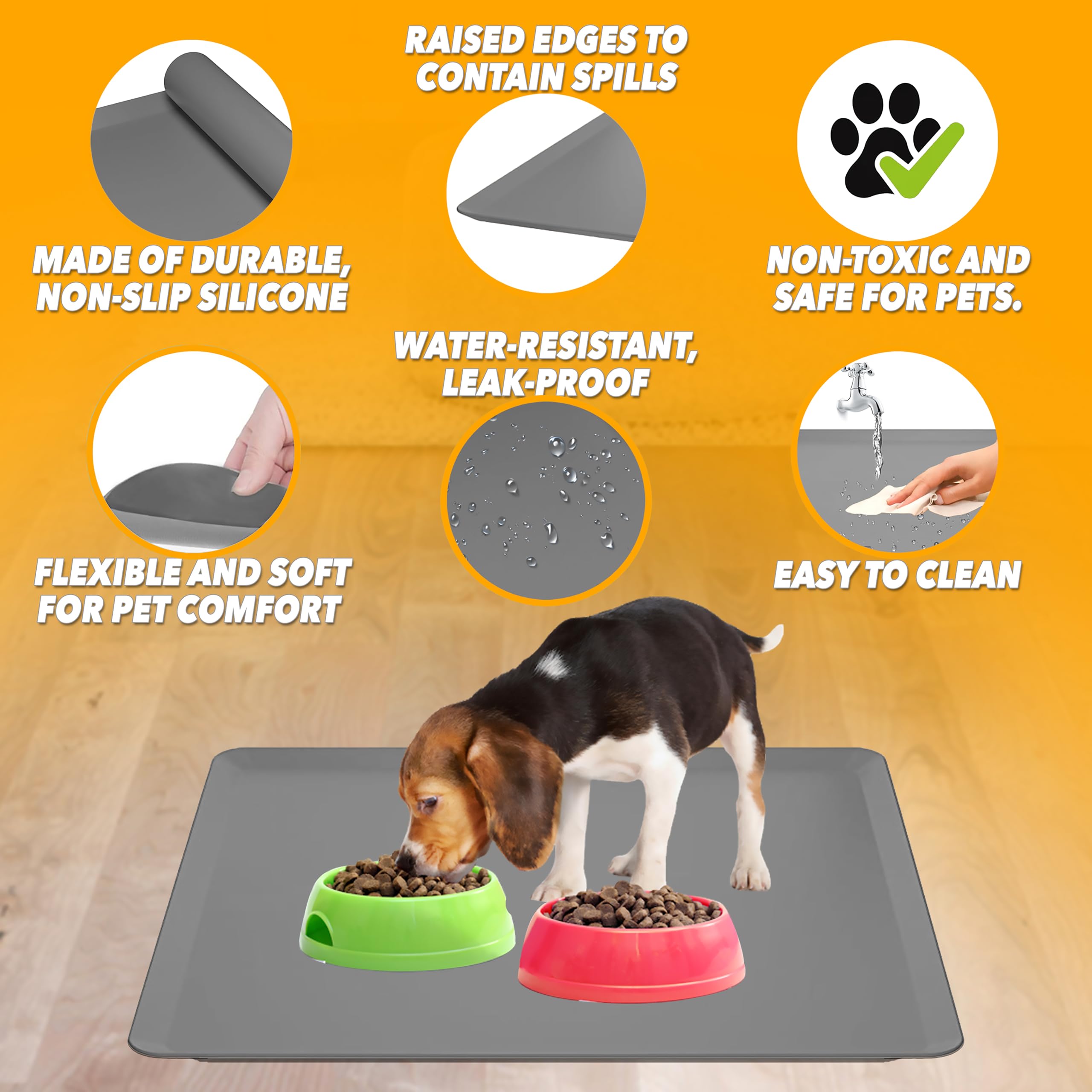 Skywin Futtermatte für Haustiere (grau) – 71,1 x 76,2 cm Silikon-Platzset für Hunde- und Katzenfutter, Wassernapf
