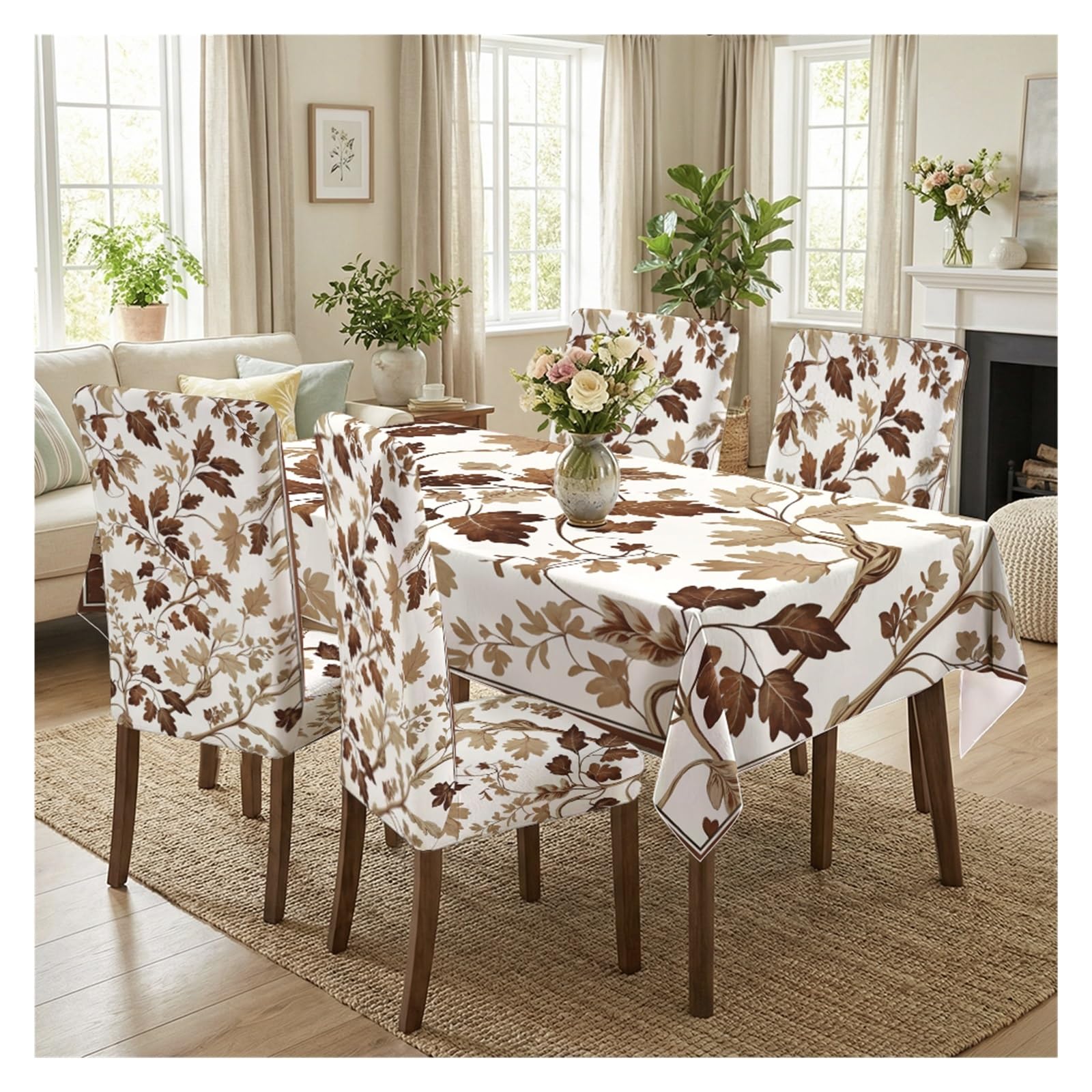 KXUAUV Stretch Dining Chair Slipcover & Tablecloth Set, Vintage Fall Autumn Leaf Print, 5/7 Pack, Farmhouse Seasonal Dining Home Decor Party Decor(5pcs Set: Tablecloth+Chair Covers)