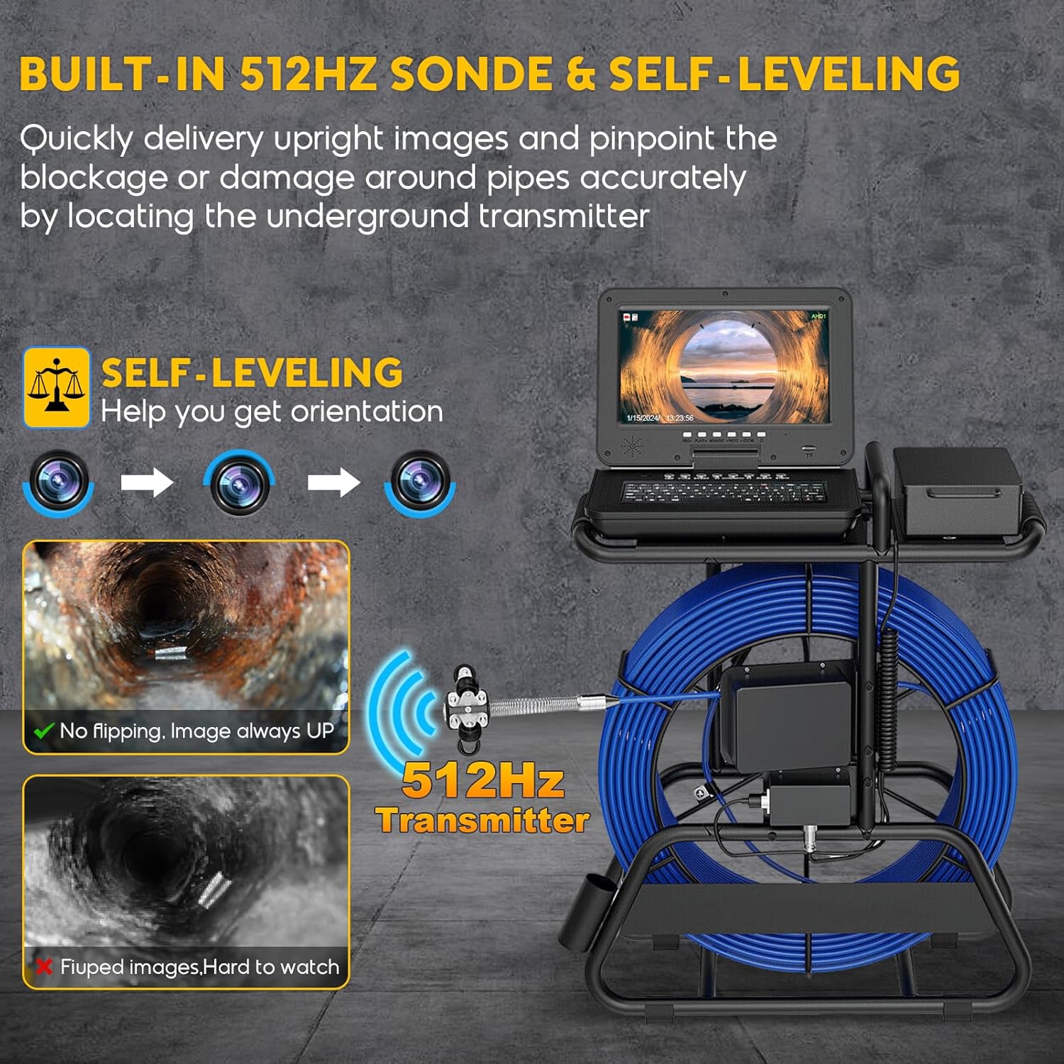 Anysun Sewer Camera 512Hz, Self-Leveling & Distance Counter, 7mm Thicker Cable, Keyboard, 10" IPS Adjustable Monitor,1-Touch Video/Audio, Drain Pipe Inspection Camera IP68 with DVR & 16GB Card - 165Ft