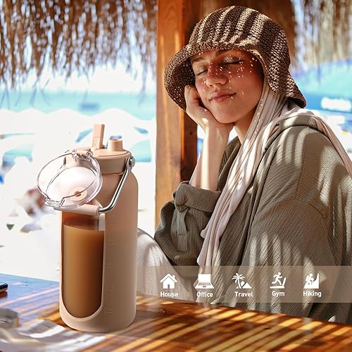 Miniatura 5 de BLUEGO Botella de agua de vidrio de 64 onzas, botellas de agua con mango de acero inoxidable y popote, botella de agua motivacional de medio galón