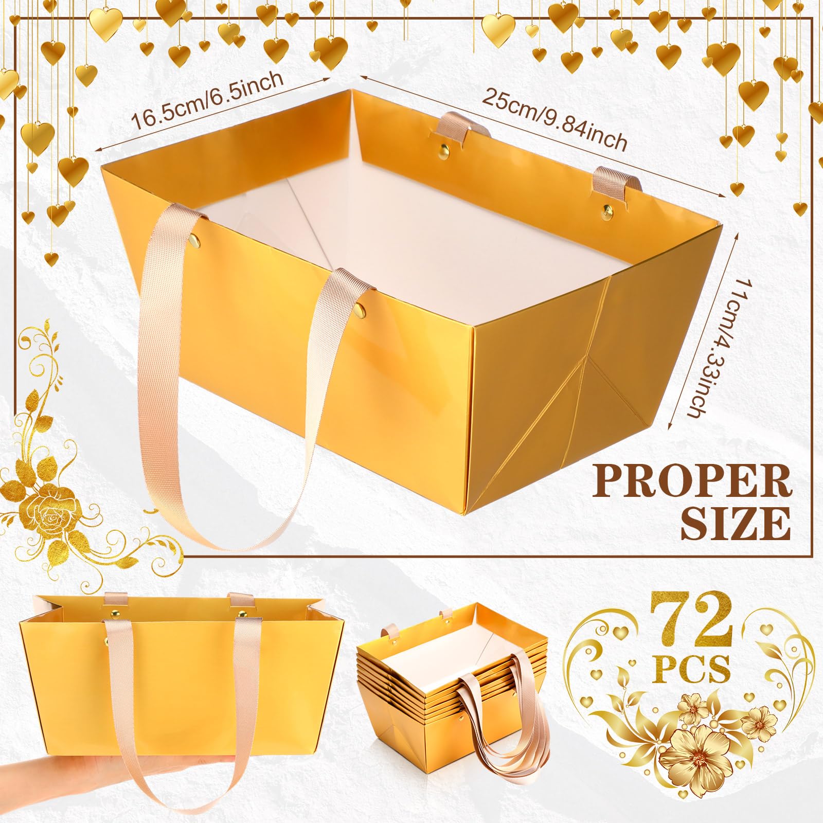 Glenmal 72 cesti regalo con manici, in carta kraft, vuoti, 24 x 16,5 x 10,9 cm, per confezioni regalo, matrimoni, feste, Natale, San Valentino (oro)