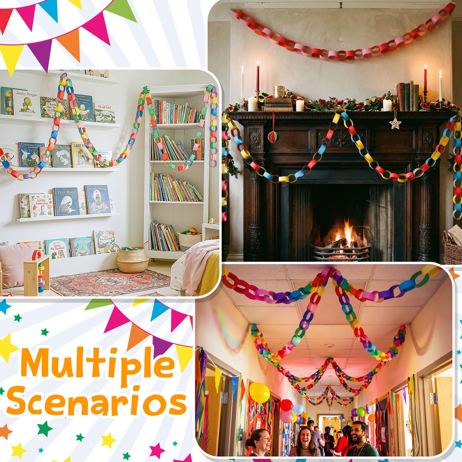 Maitys Papierkettenstreifen und Spiegelstern-Girlande, 3,5 m, Papier-Banner mit doppelseitigem Klebeband zum Basteln, Geburtstag, Hochzeit, Festival, Mottoparty, Dekoration, mehrfarbig, 8,9 x 30,8 cm