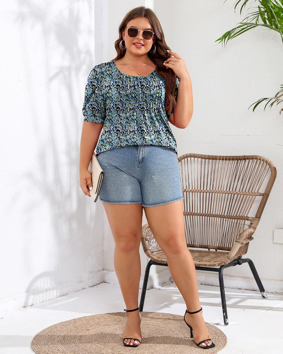 Ficerd Women's Plus Size Puff Short Sleeve Tunic Tops Crew Neck Pleated Blouses Summer Casual T Shirt Blouse 1X-5X - Image 6