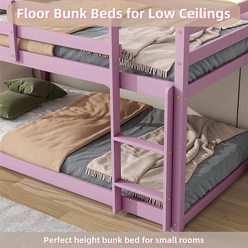 Miniatura 150 de Litera baja individual sobre individual, base de cama de madera maciza con escalera y barandillas de seguridad, literas individuales para niños y