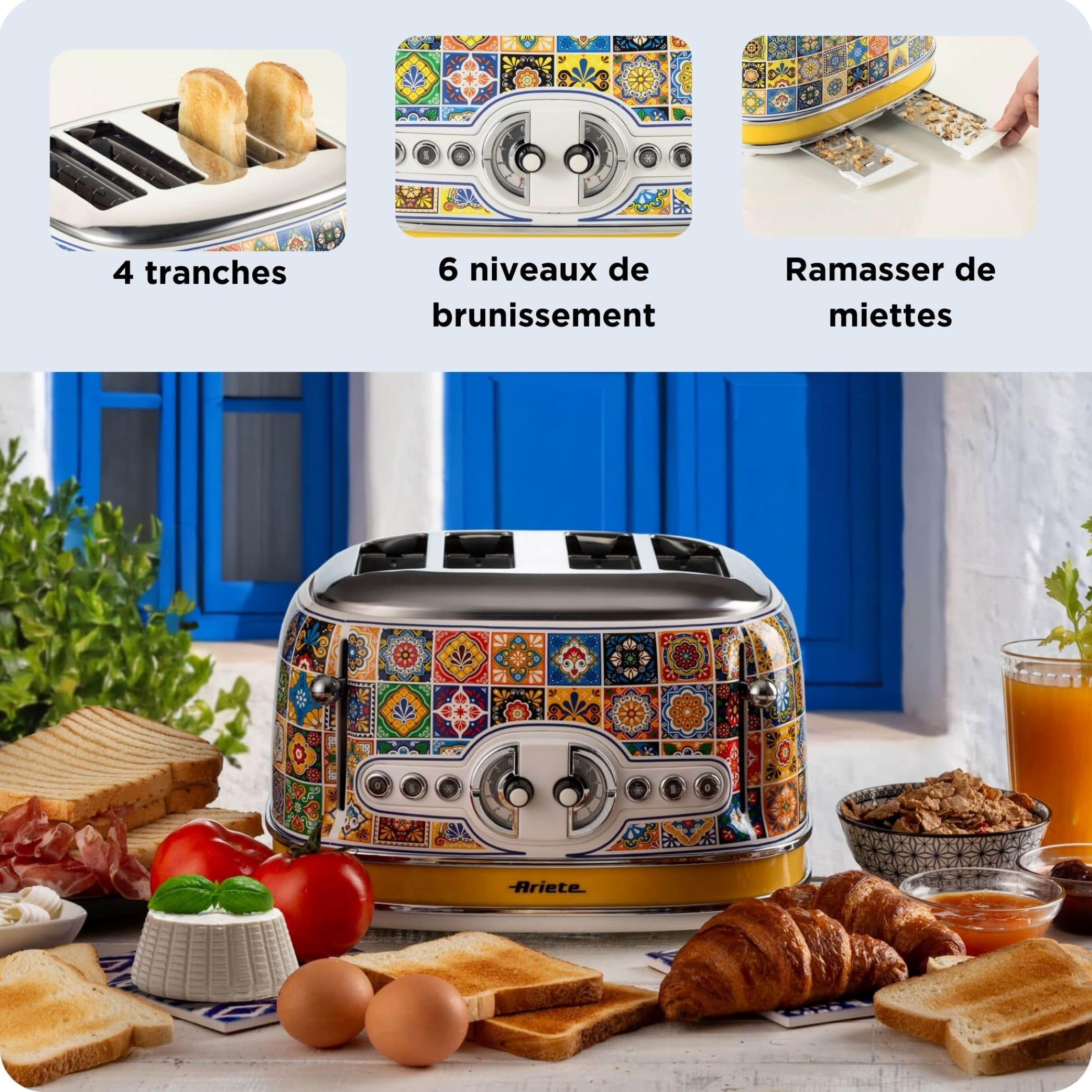 Ariete Toaster 156 Positano, Style Méditerranéen, 4 Fentes, 6 Niveaux de Brunissement avec Ejection Automatique, Bac à Miettes, Fonctions de Grillage, Chauffage et Décongélation, 1630W