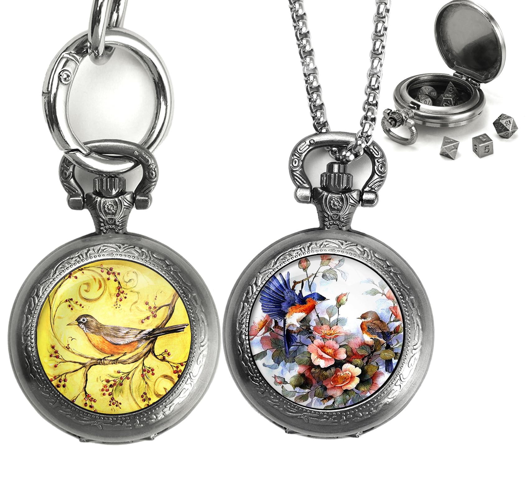 Mini DND Dice Set with Pocket Watch 2Pack, Small Metal Dice for Dungeons and Dragons/D&D Gifts, Tiny Dice Portable Necklace Keychain Dice Great RPG Accessories for Men Women Gamers(Flower & Bird-A)