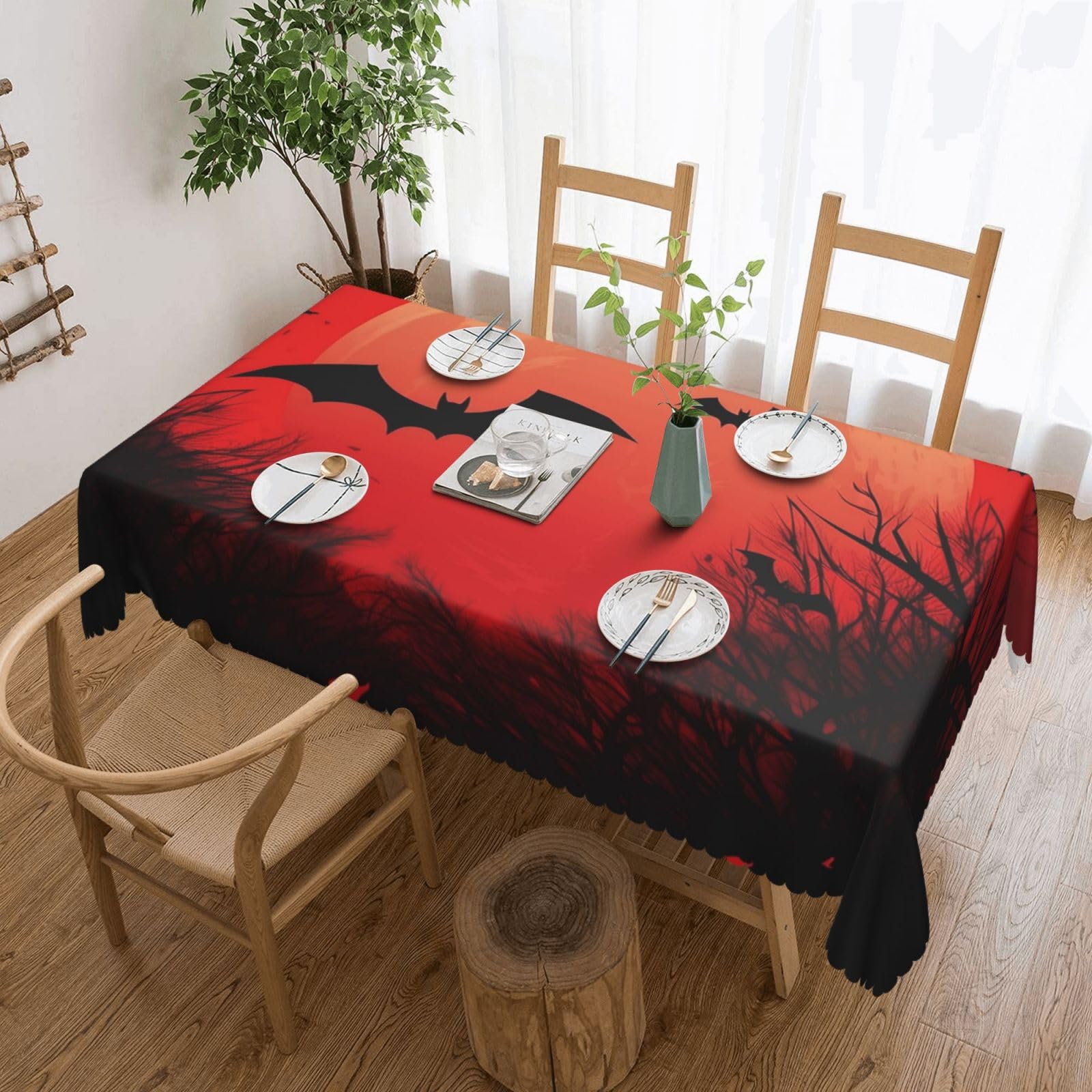 Nappe rectangulaire imperméable Halloween 137x183 cm motif chauve-souris et arbre rouge
