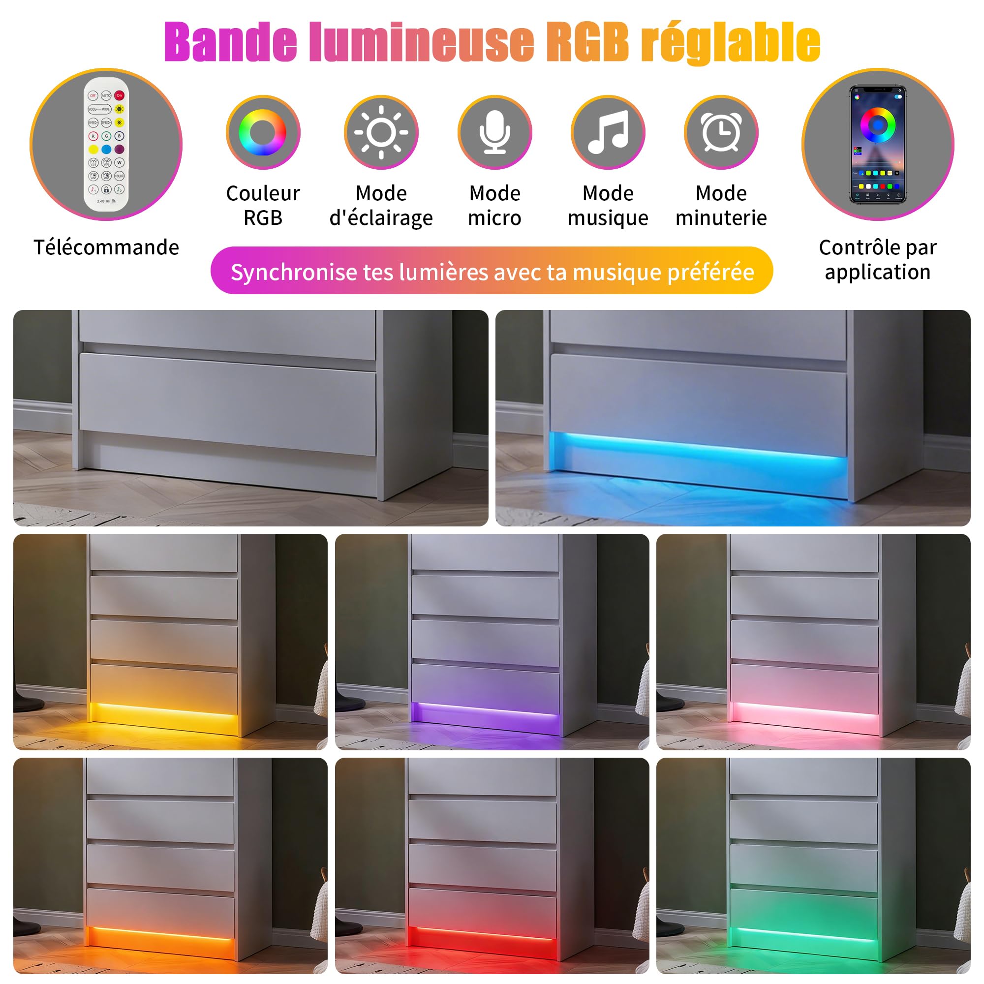 Cassettiera alta 5 cassetti con LED RGB, mobile portaoggetti bianco senza maniglie, cassettiera stretta moderna per camera da letto adulto o bambino, design minimalista salvaspazio 73 x 40 x